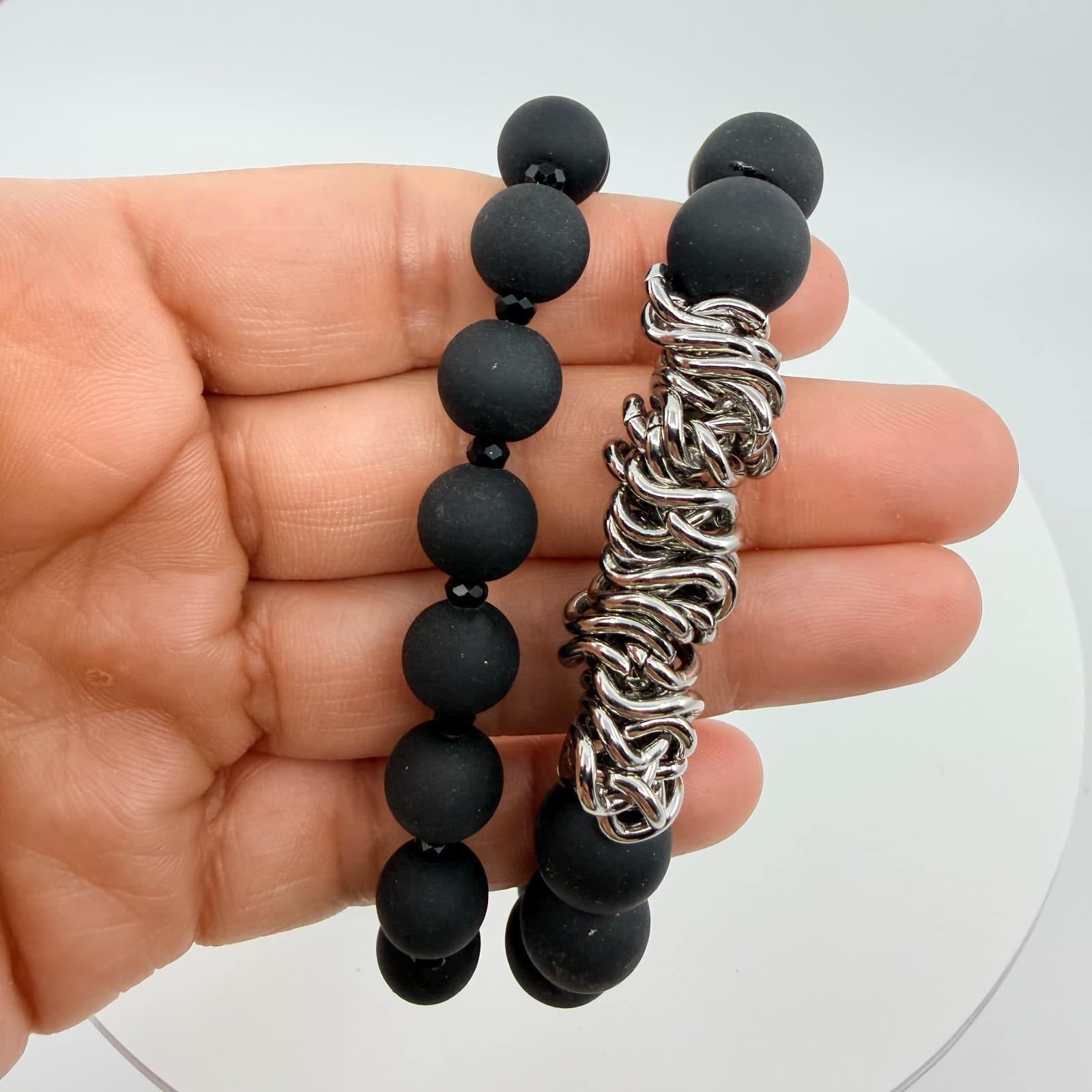 Vintage Matte Black Beaded Wrap Bracelet Silver Tone Link Cluster Statement Boho - Thumbnail 7