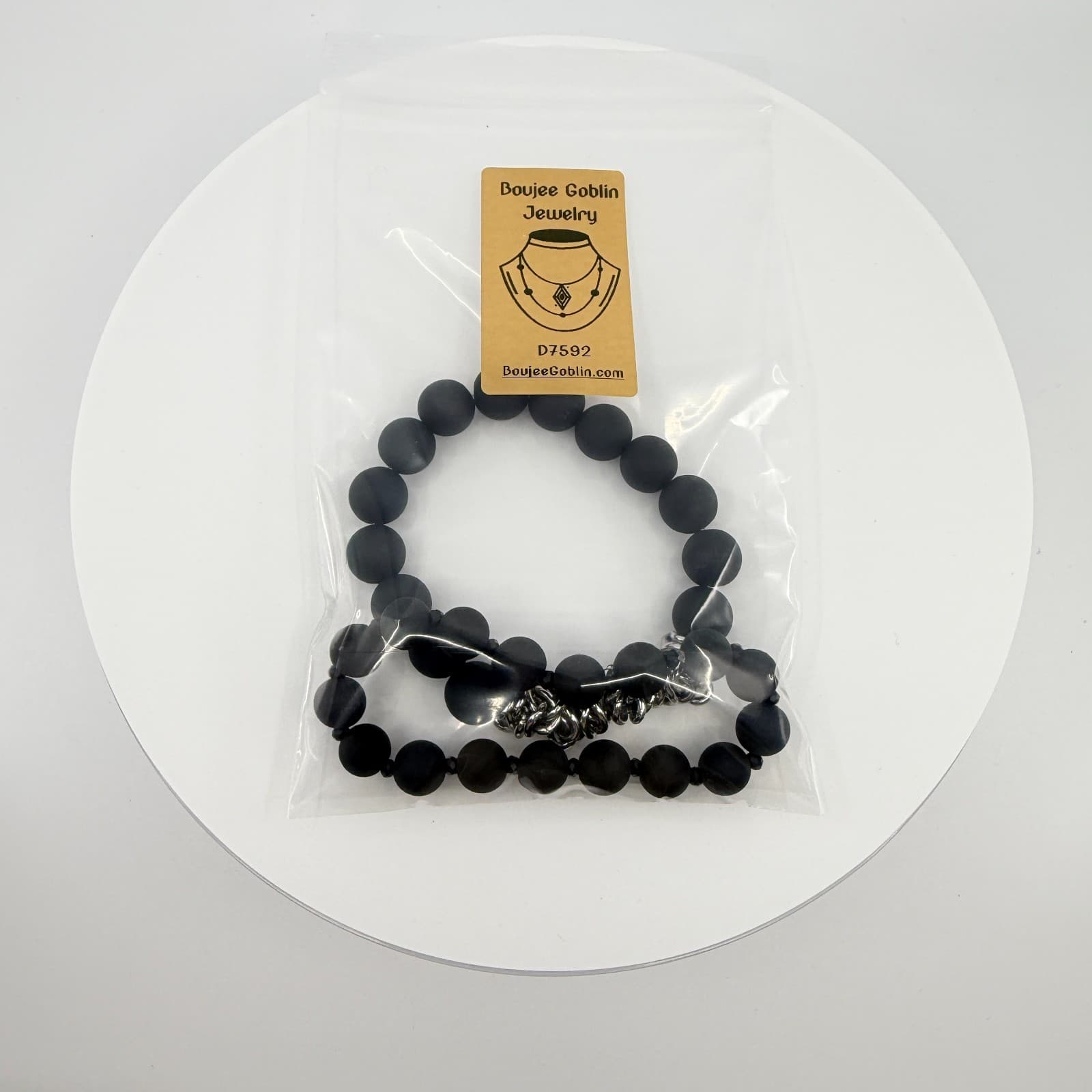 Vintage Matte Black Beaded Wrap Bracelet Silver Tone Link Cluster Statement Boho - Thumbnail 9