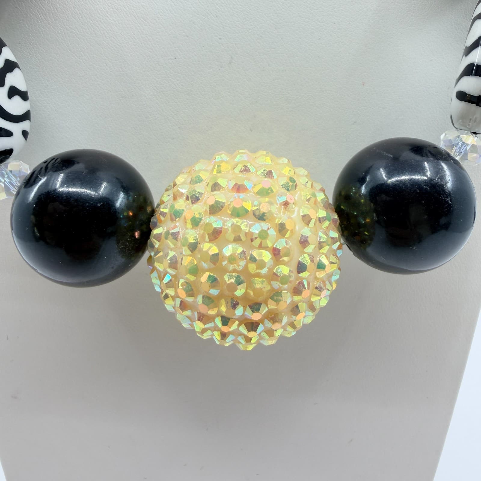 Vintage Black Zebra Bubble Bead Statement Necklace Yellow Glitter Shamballa Boho - Thumbnail 3