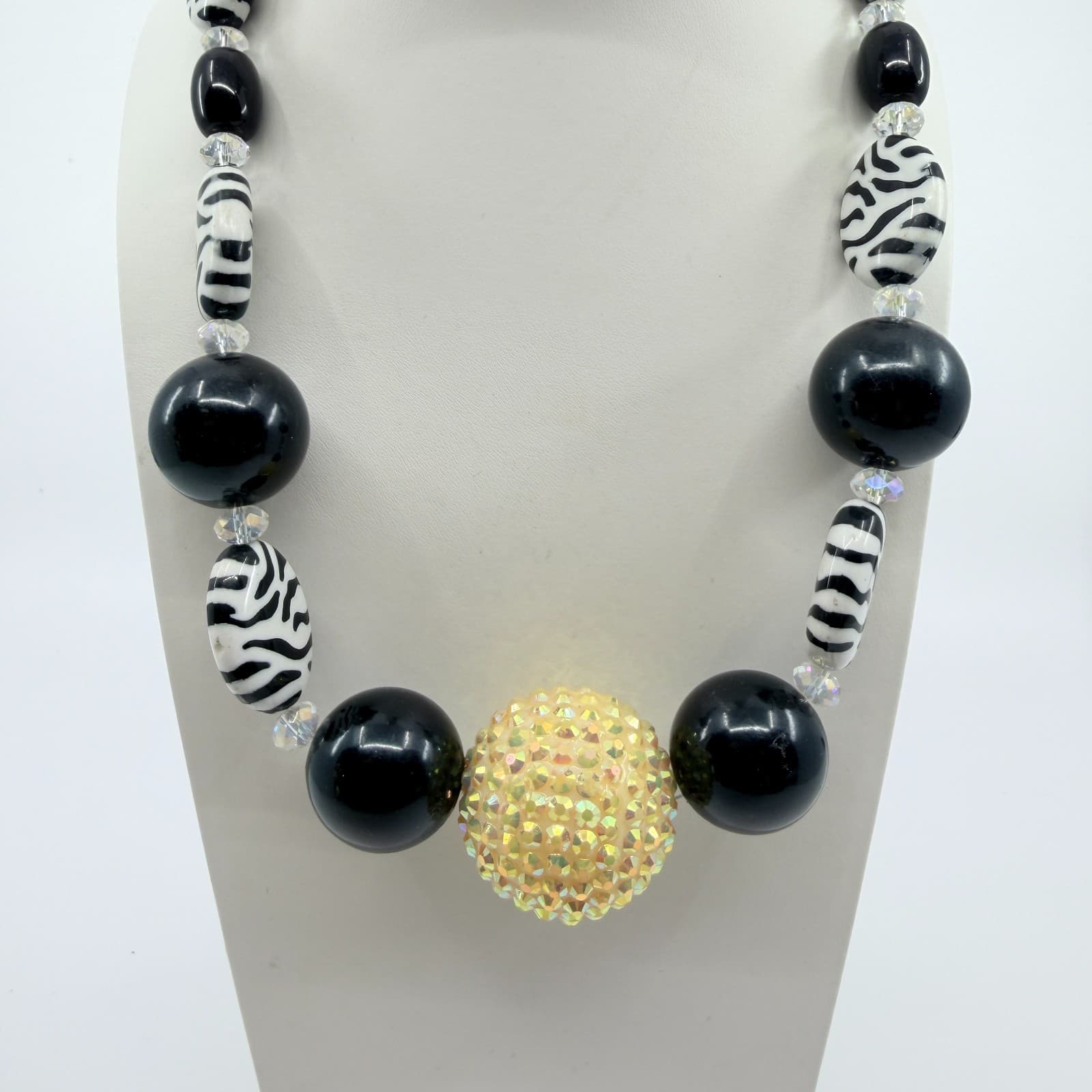 Vintage Black Zebra Bubble Bead Statement Necklace Yellow Glitter Shamballa Boho - Thumbnail 2