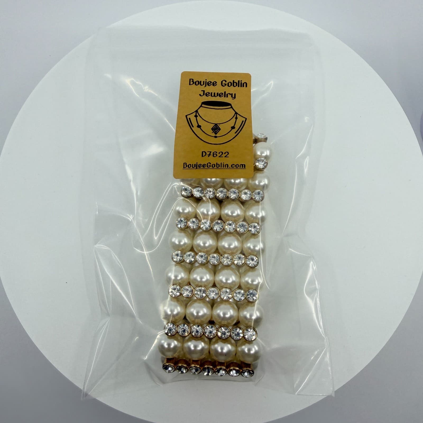 Vintage Gold Tone Faux Pearl Rhinestone 4 Row Stretch Cuff Bracelet Chunky 90s - Thumbnail 11