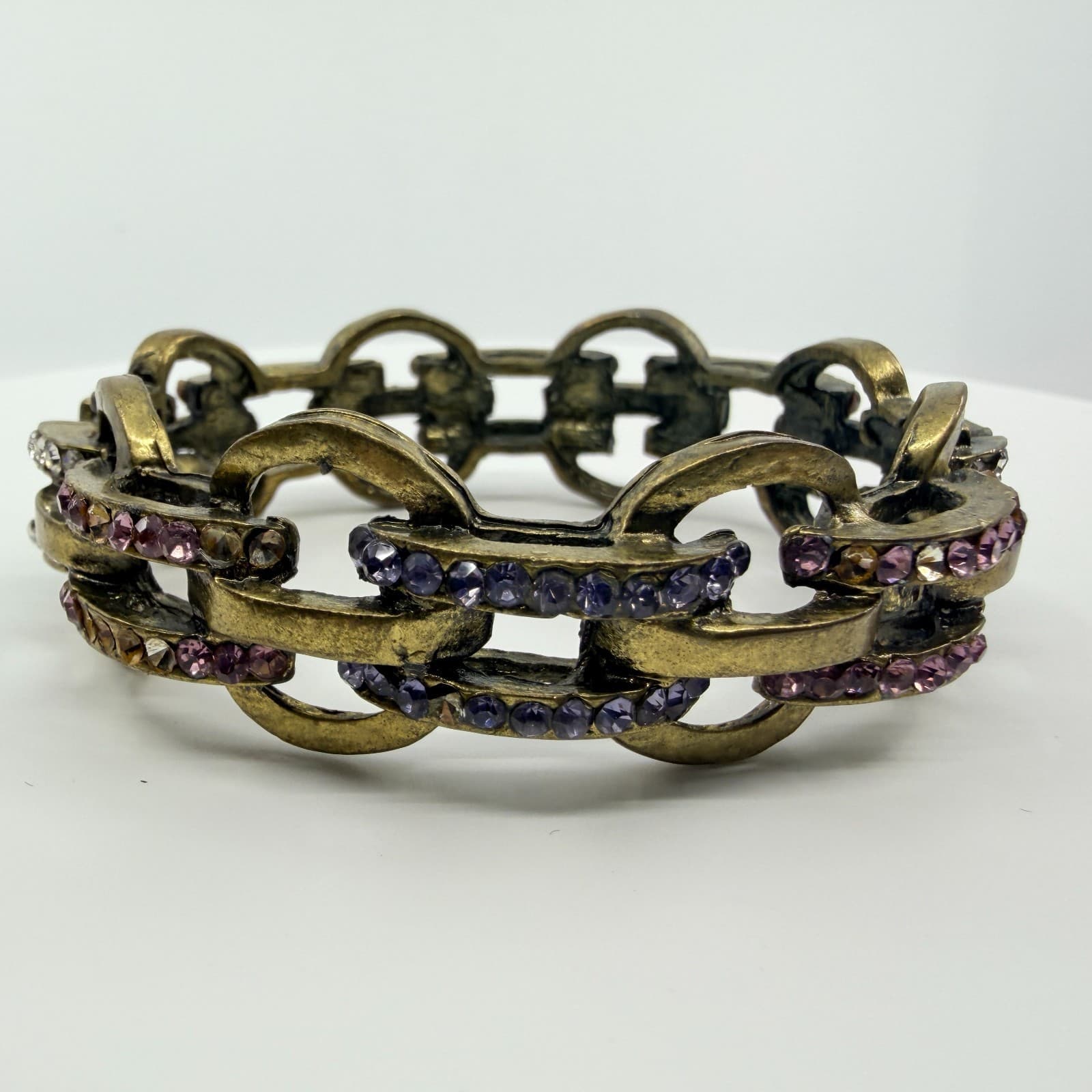 Vintage Gold Tone Purple Rhinestone Gypsy Link Stretch Bracelet Chunky Bold 90s - Thumbnail 2