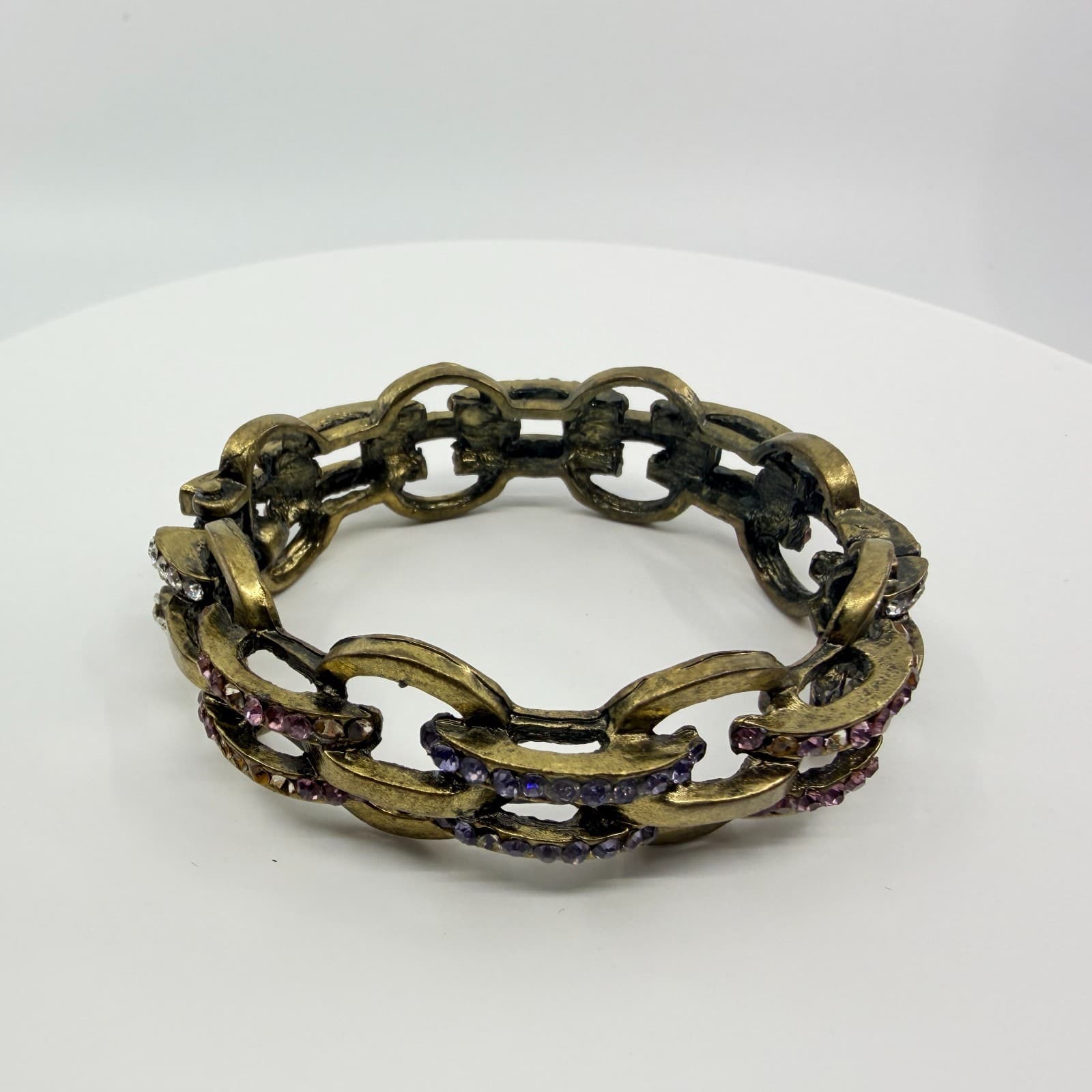 Vintage Gold Tone Purple Rhinestone Gypsy Link Stretch Bracelet Chunky Bold 90s - Thumbnail 3