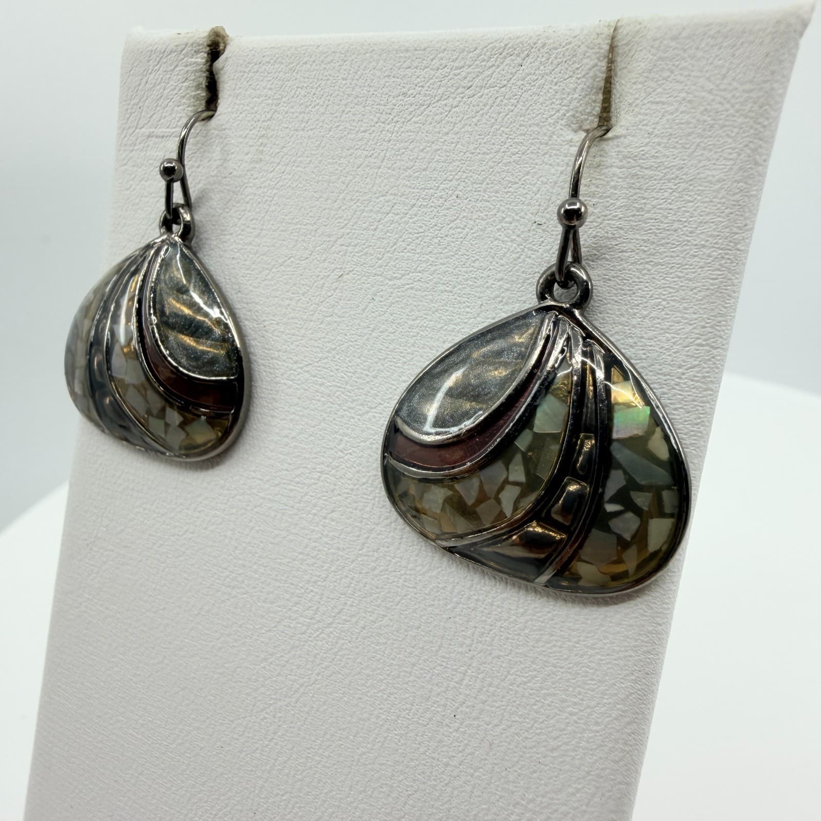 Vintage Shell Mosaic Fan Pendant Necklace Earrings Set Mother of Pearl Tone Boho - Thumbnail 11