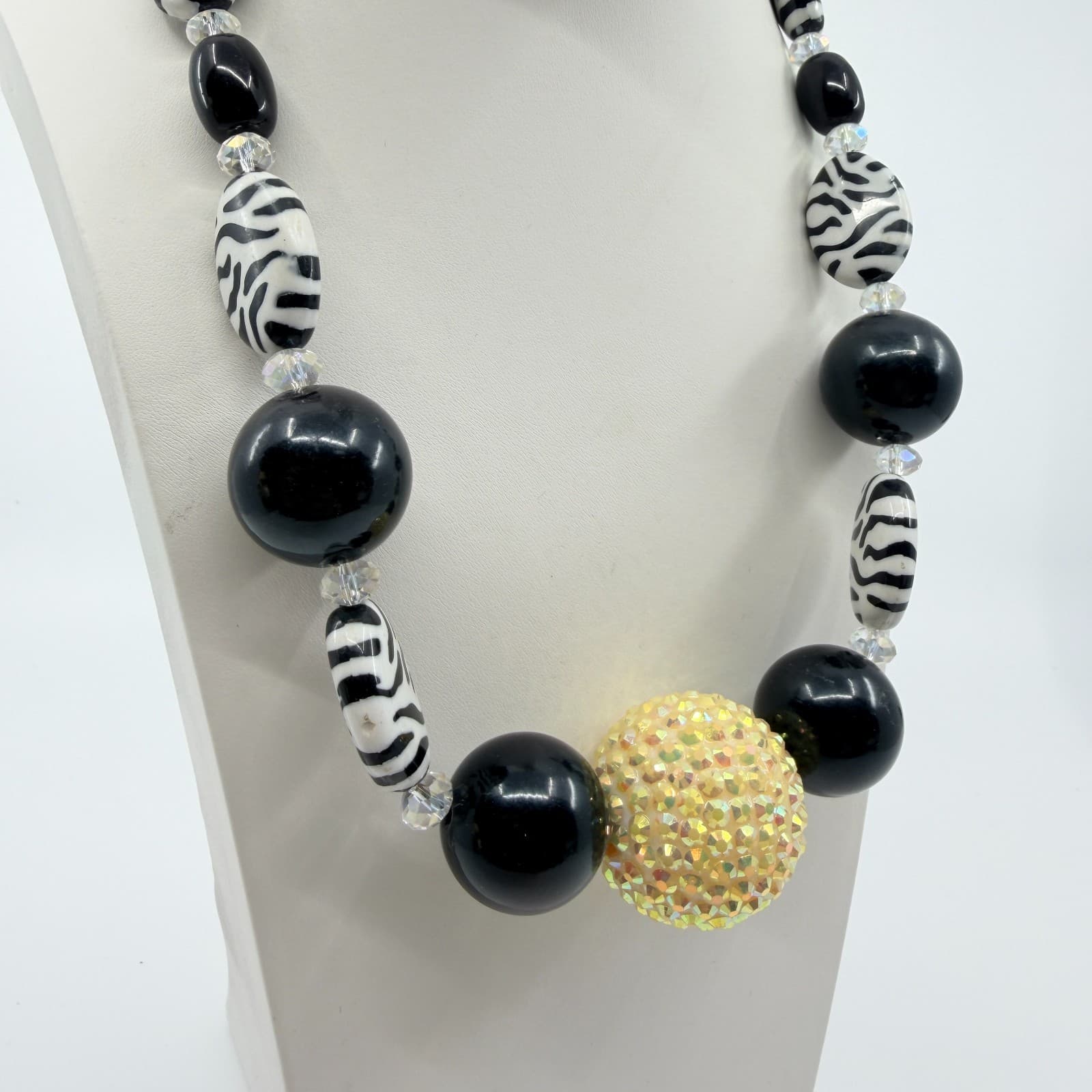 Vintage Black Zebra Bubble Bead Statement Necklace Yellow Glitter Shamballa Boho - Thumbnail 4