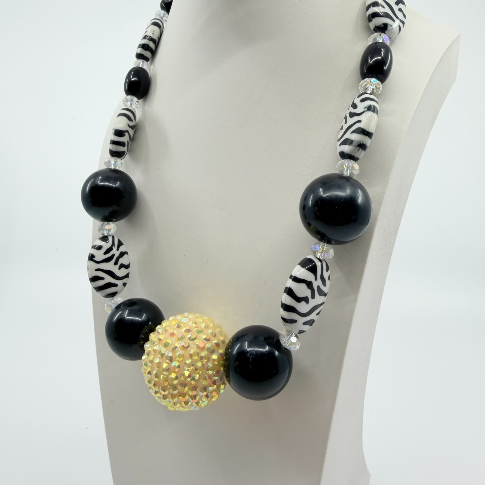 Vintage Black Zebra Bubble Bead Statement Necklace Yellow Glitter Shamballa Boho - Thumbnail 5