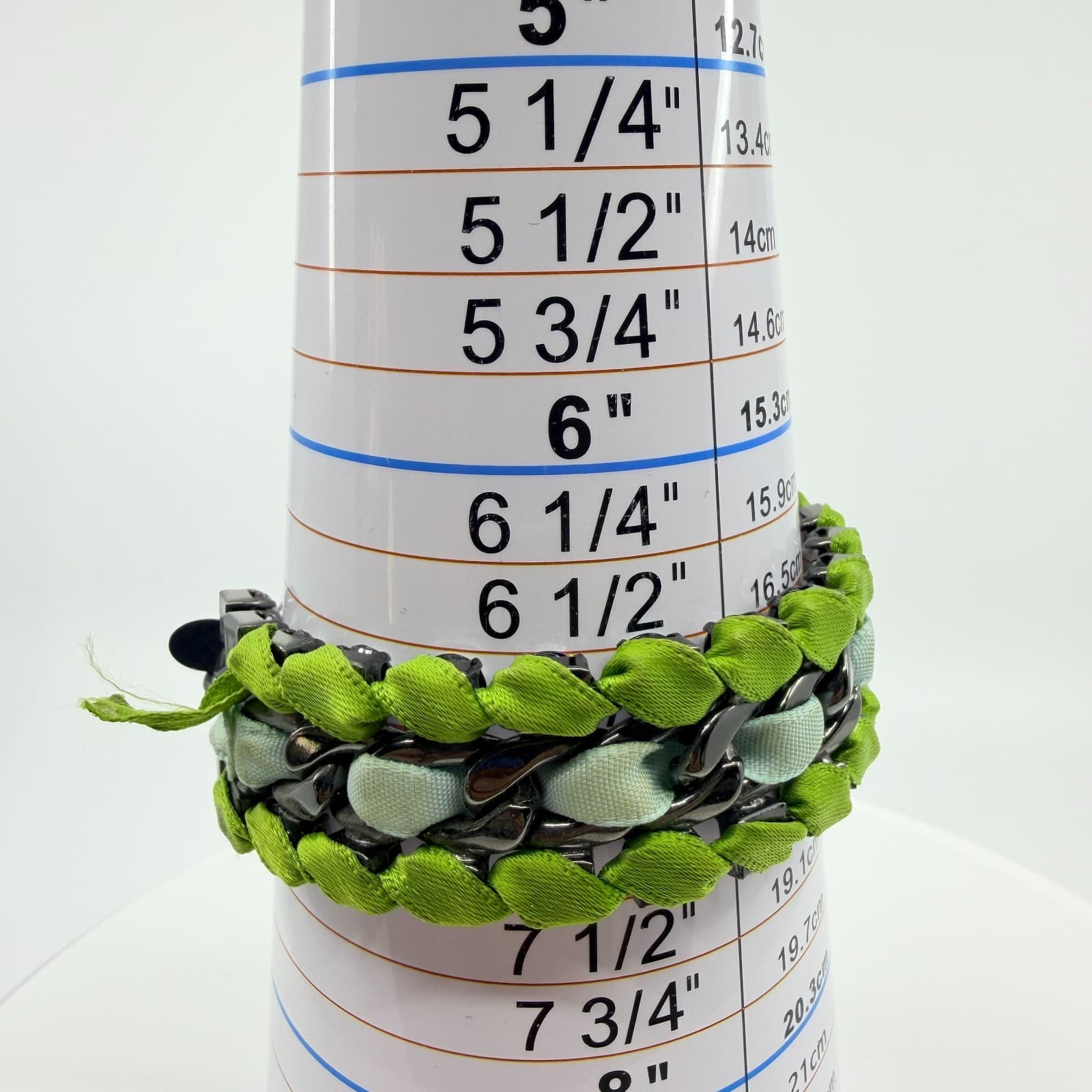 Vintage Gunmetal Green Ribbon Woven Bracelet Rhinestone Statement Mixed Media - Thumbnail 9