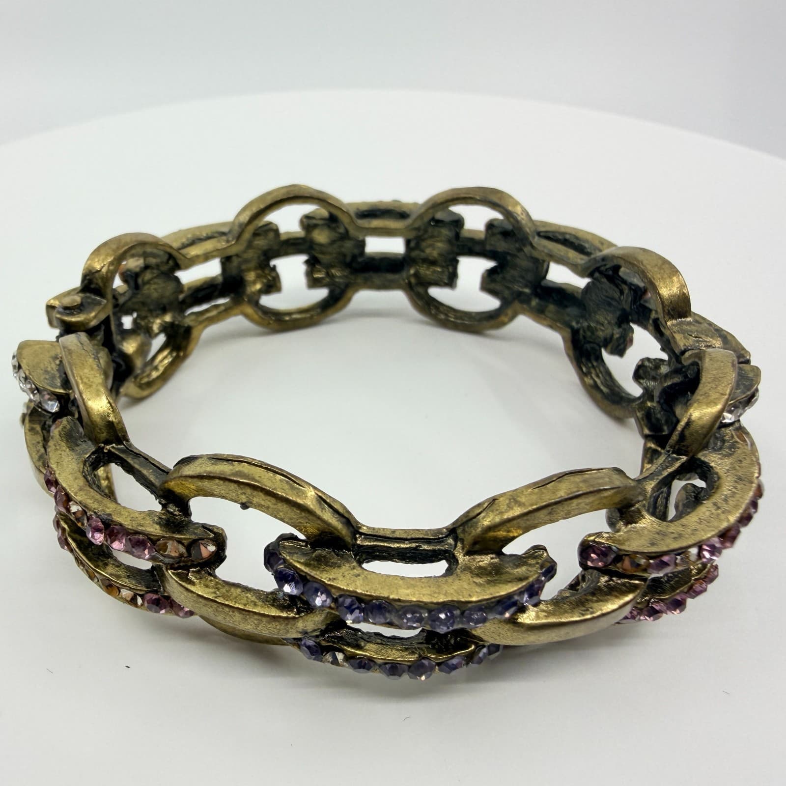 Vintage Gold Tone Purple Rhinestone Gypsy Link Stretch Bracelet Chunky Bold 90s - Thumbnail 4