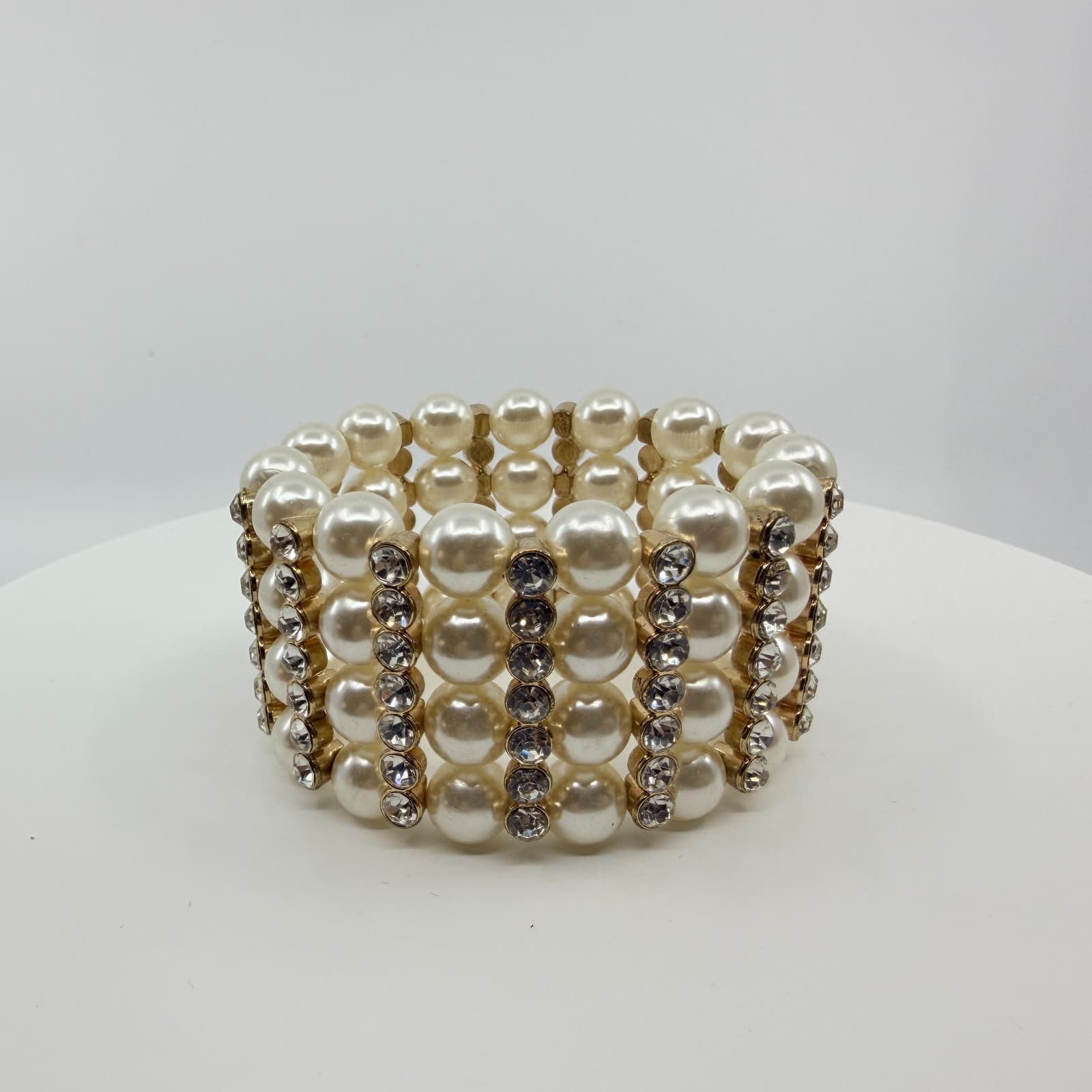 Vintage Gold Tone Faux Pearl Rhinestone 4 Row Stretch Cuff Bracelet Chunky 90s - Thumbnail 6