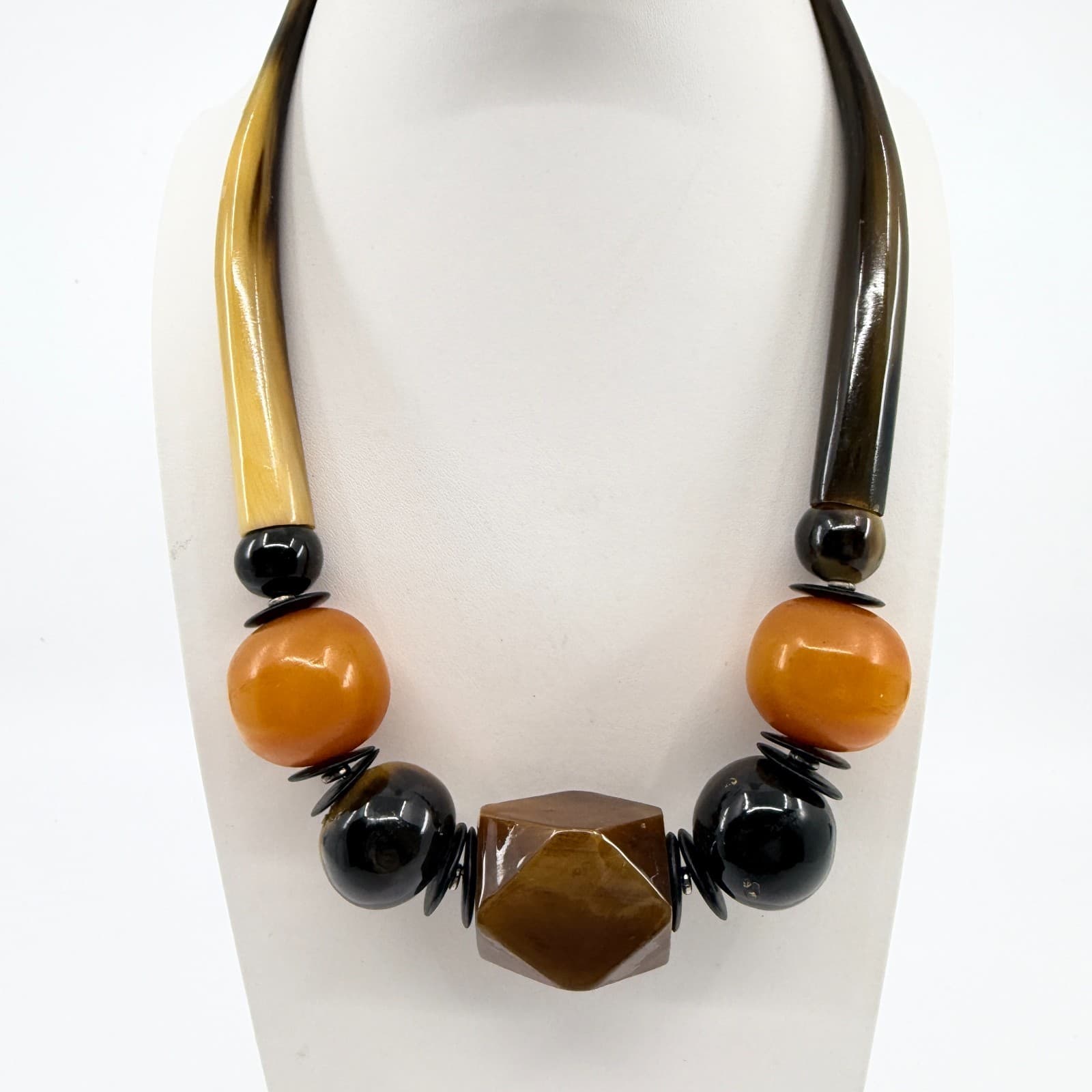 Vintage Chunky Resin Faux Horn Tusk Geometric Bead Statement Necklace Boho 90s - Thumbnail 2
