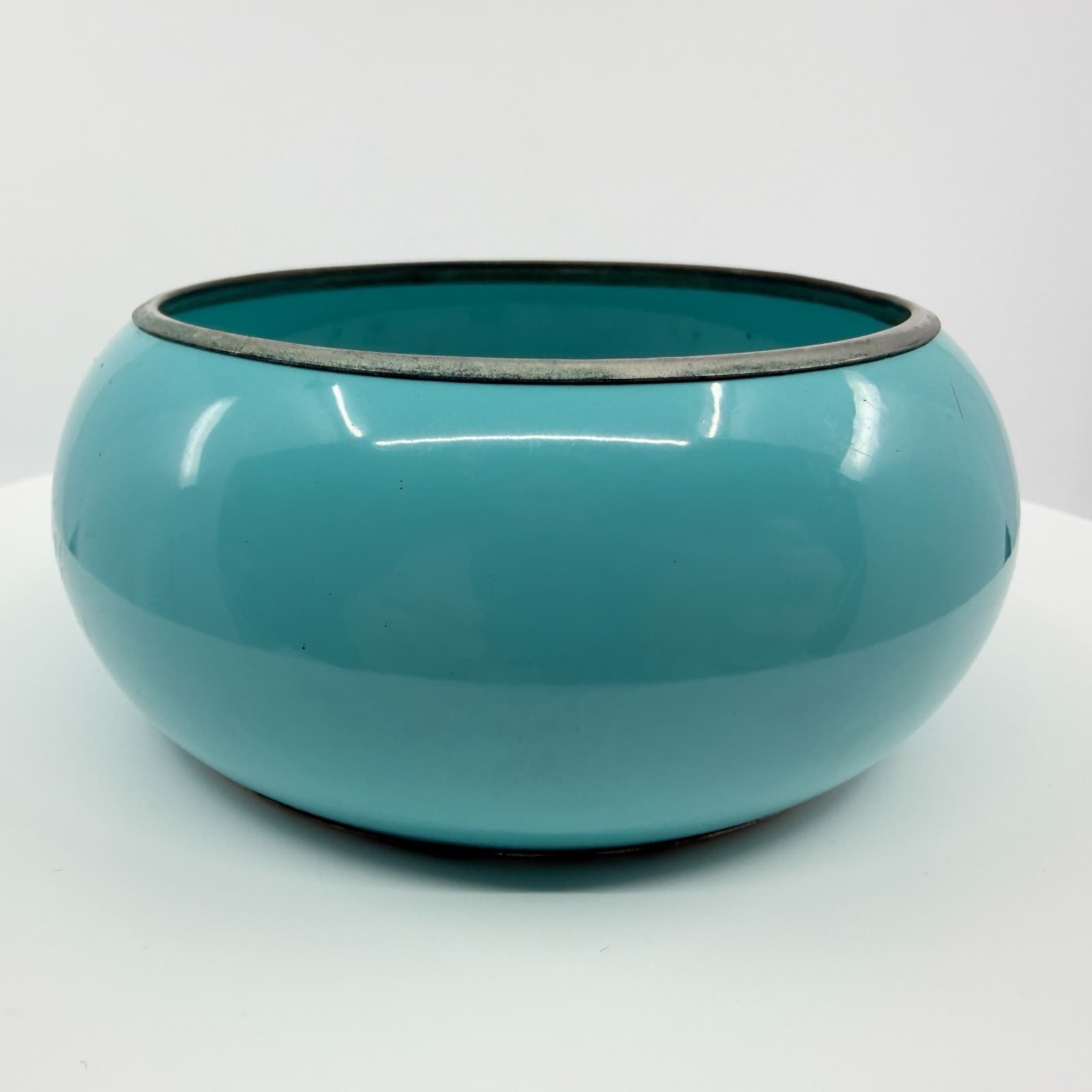 Vintage Faux Turquoise Blue Enamel Wide Domed Bangle Bracelet Silver Tone Retro - Thumbnail 2