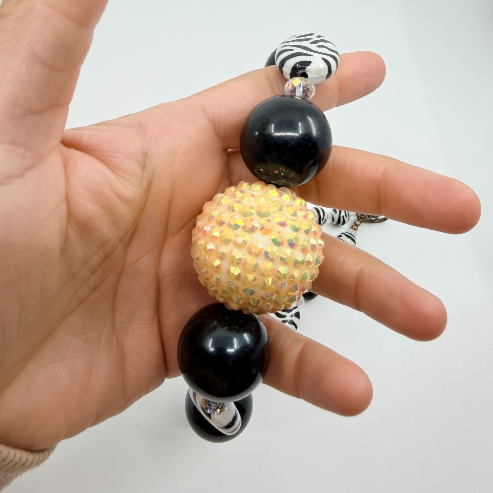 Vintage Black Zebra Bubble Bead Statement Necklace Yellow Glitter Shamballa Boho - Thumbnail 7