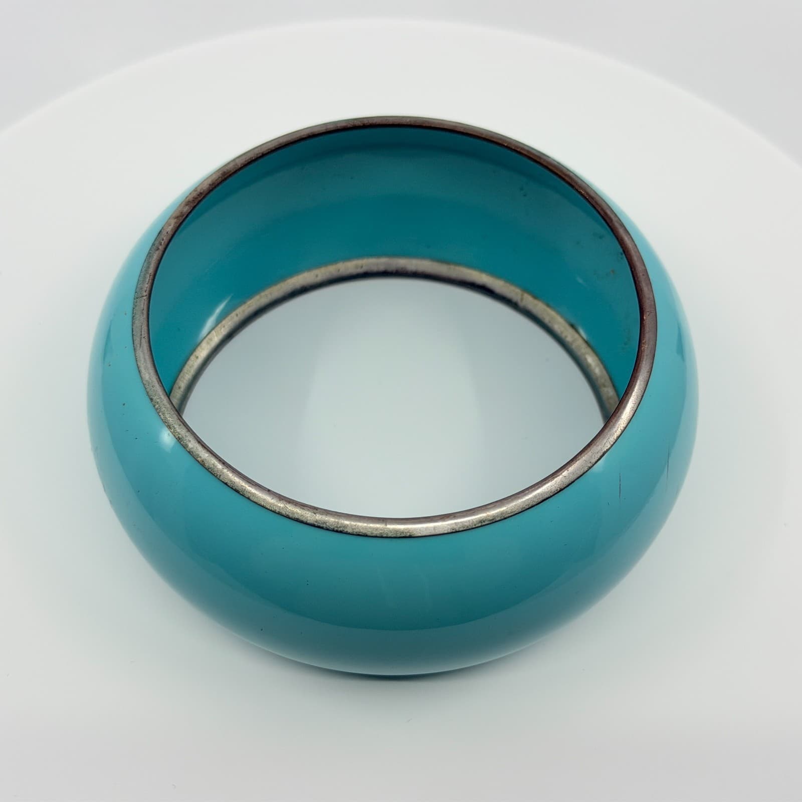 Vintage Faux Turquoise Blue Enamel Wide Domed Bangle Bracelet Silver Tone Retro - Thumbnail 5