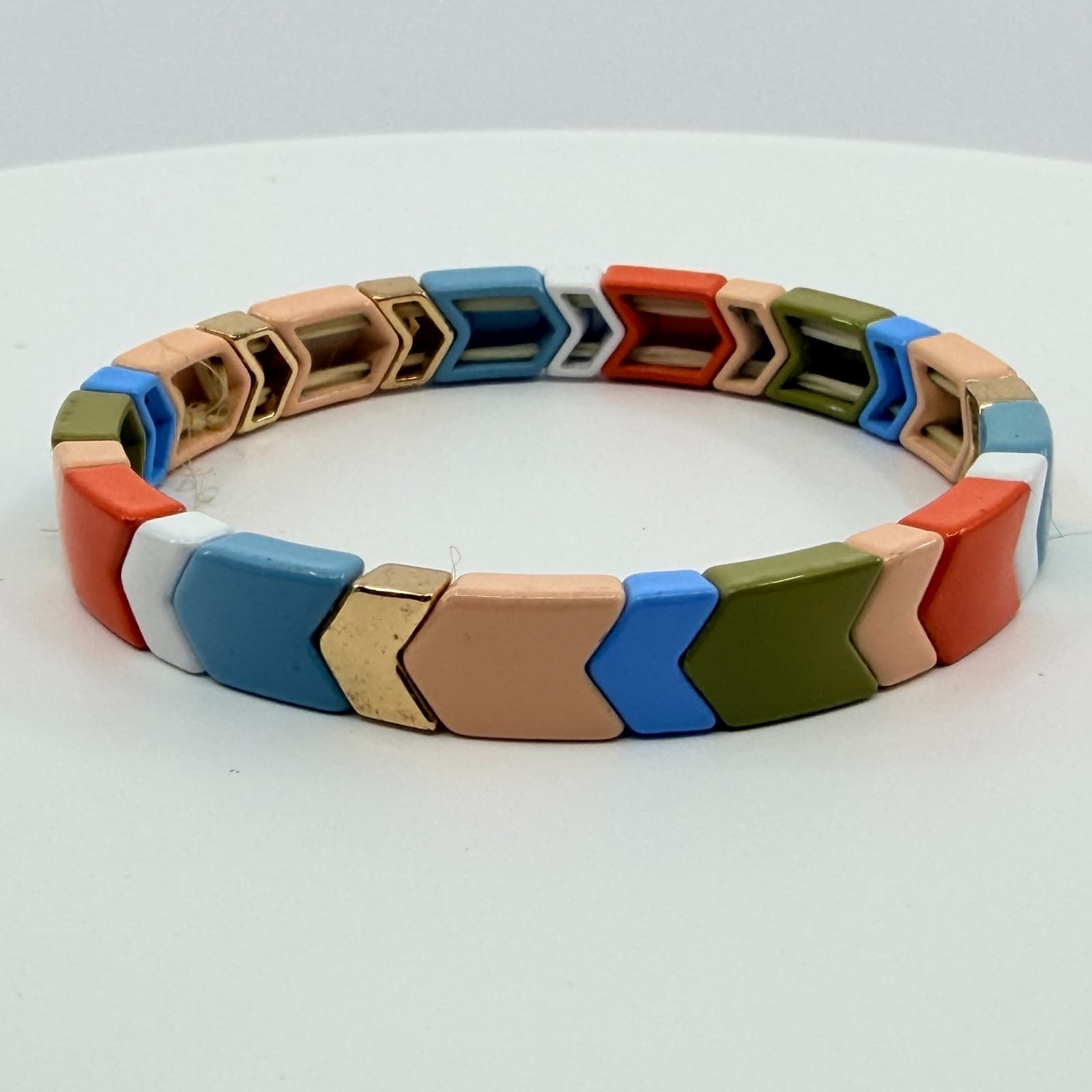 Vintage Multi Color Enamel Chevron Tile Stretch Bracelet Boho Tila Bead Y2K 90s - Thumbnail 4
