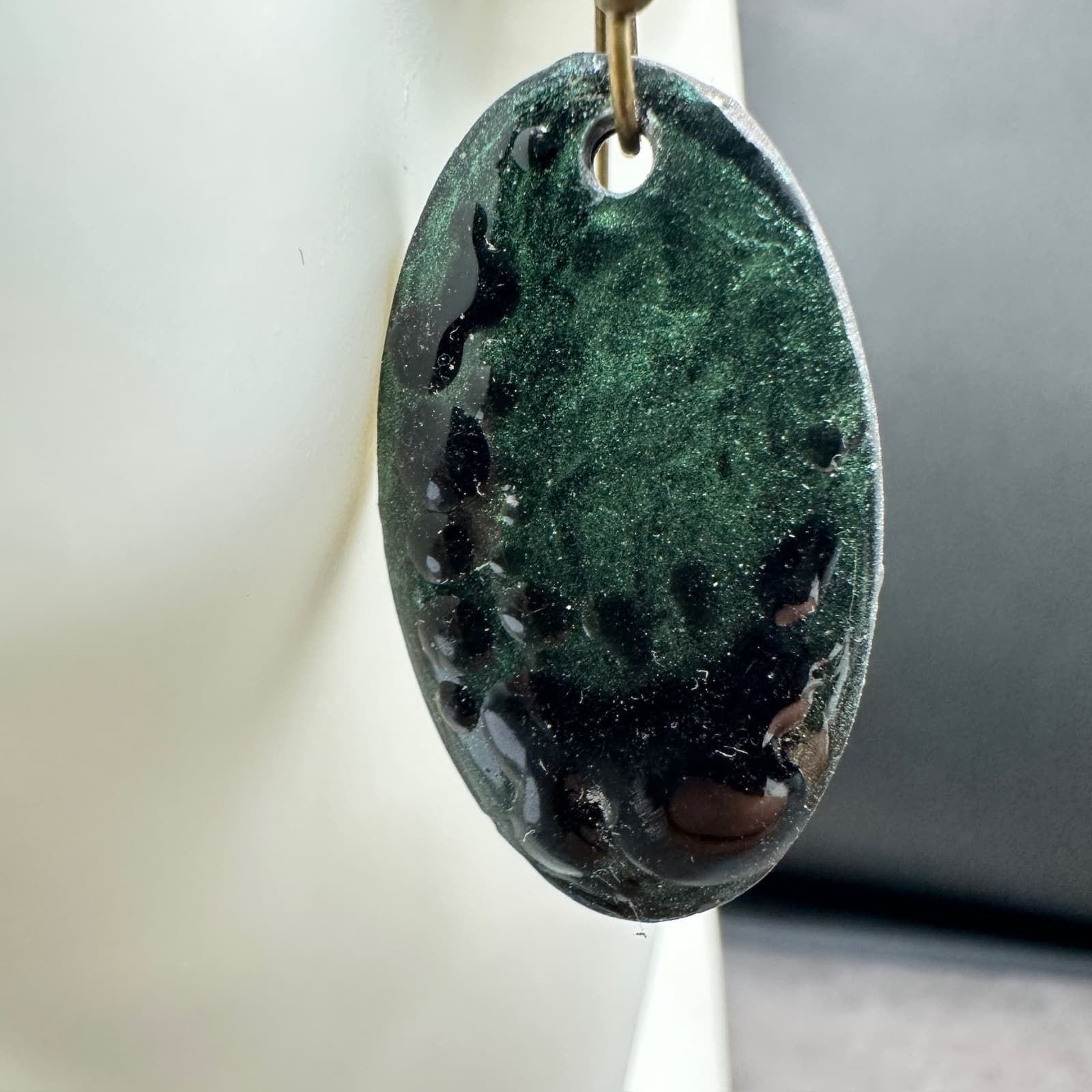 Brookie Bakers Green Enamel Oval Drop Earrings Handmade Artisan Boho Art Jewelry - Thumbnail 5