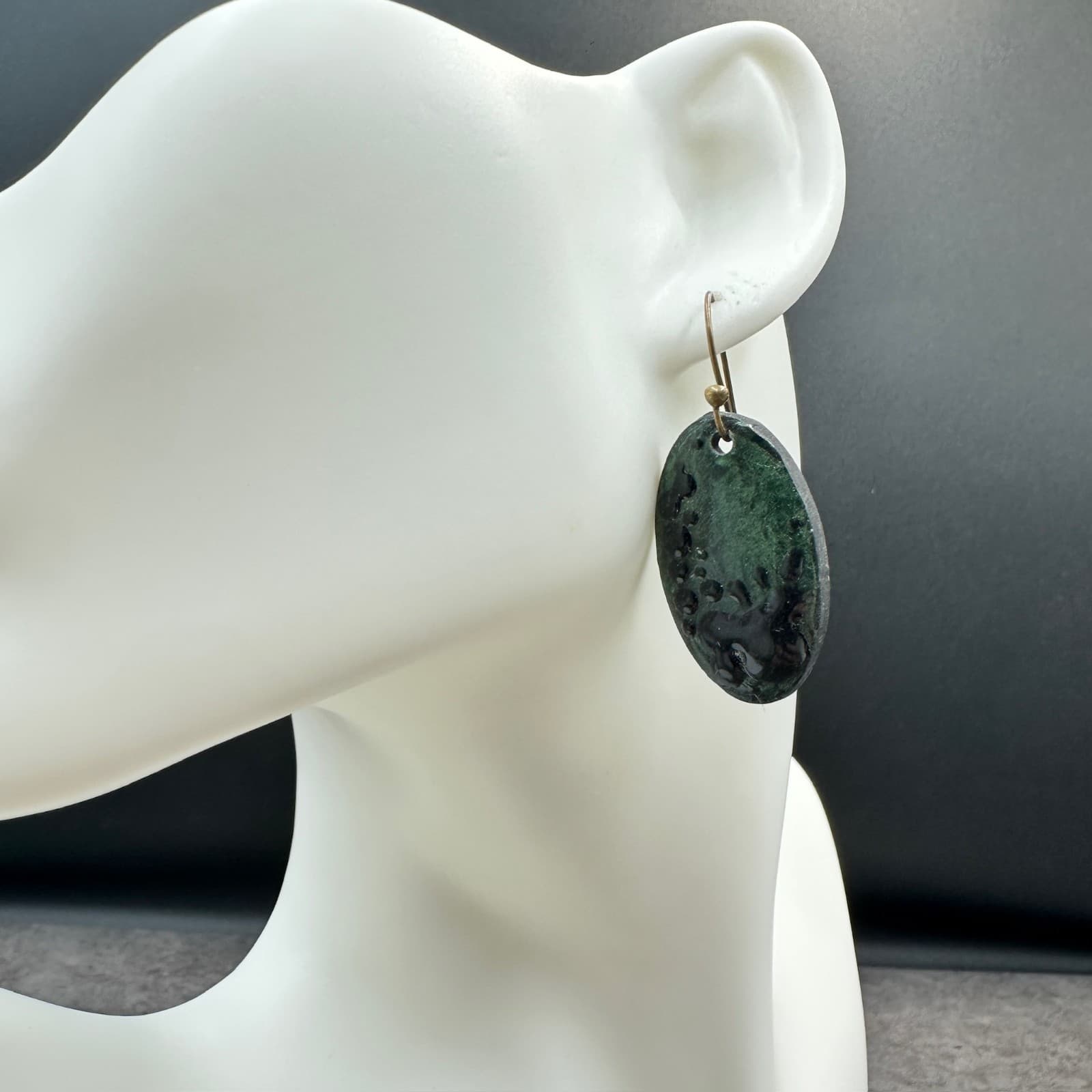 Brookie Bakers Green Enamel Oval Drop Earrings Handmade Artisan Boho Art Jewelry - Thumbnail 2