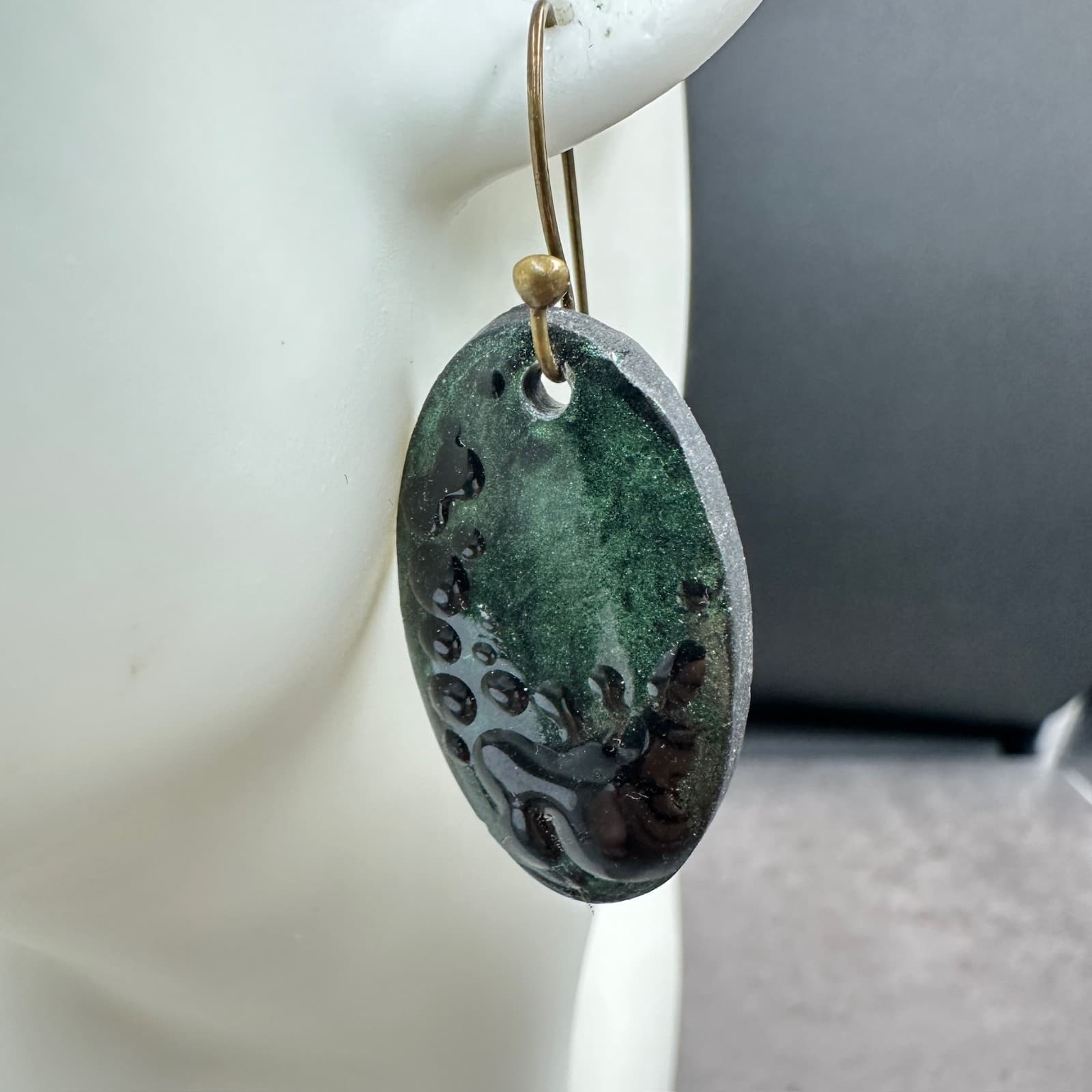 Brookie Bakers Green Enamel Oval Drop Earrings Handmade Artisan Boho Art Jewelry - Thumbnail 4