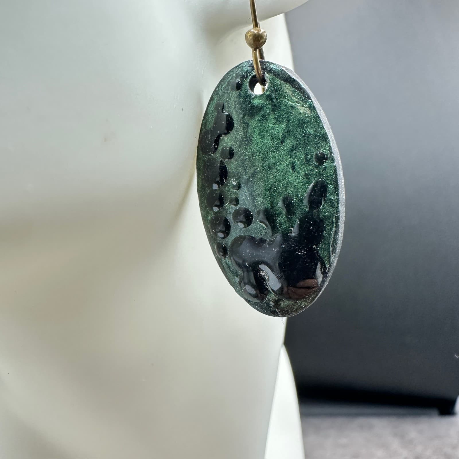 Brookie Bakers Green Enamel Oval Drop Earrings Handmade Artisan Boho Art Jewelry - Thumbnail 3