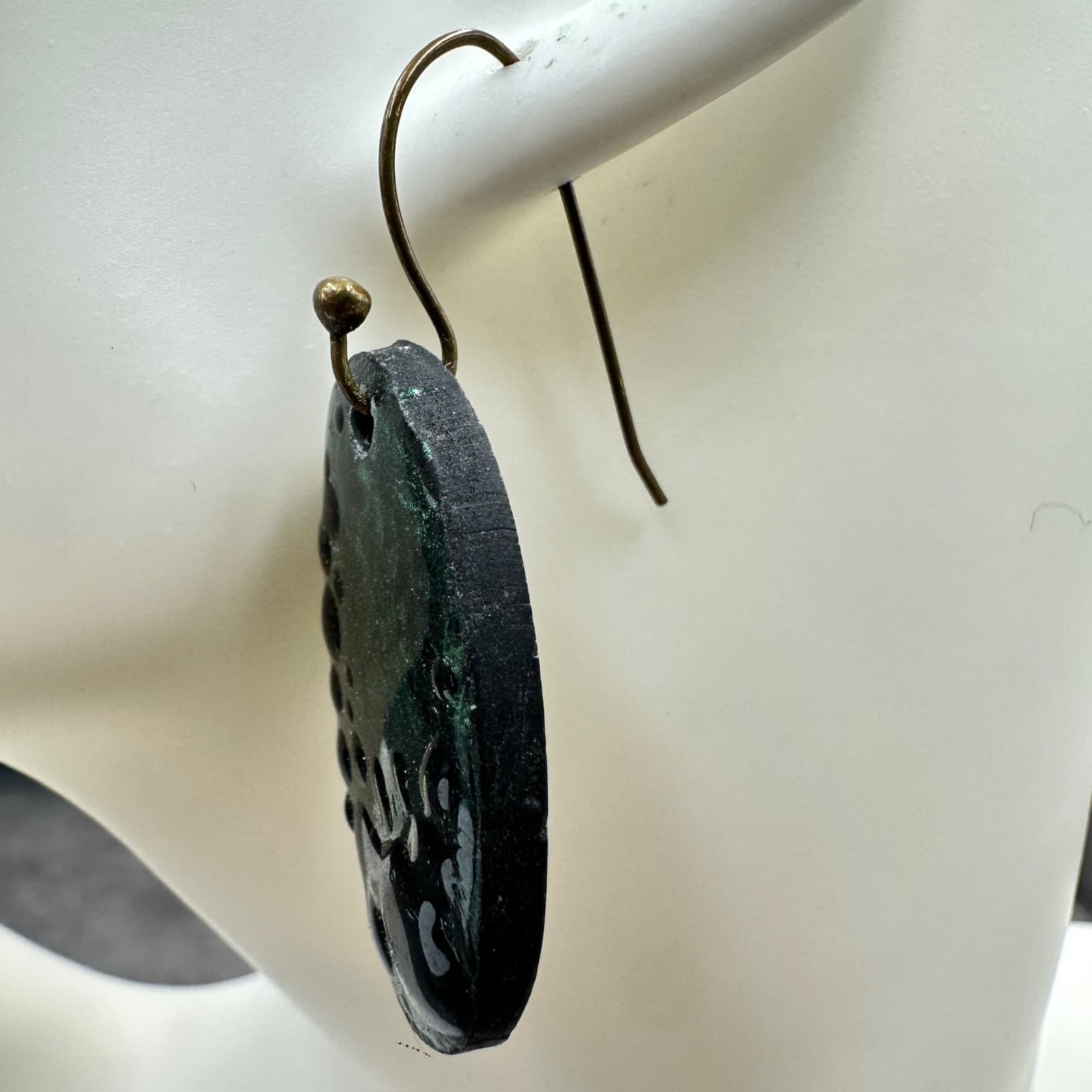 Brookie Bakers Green Enamel Oval Drop Earrings Handmade Artisan Boho Art Jewelry - Thumbnail 7