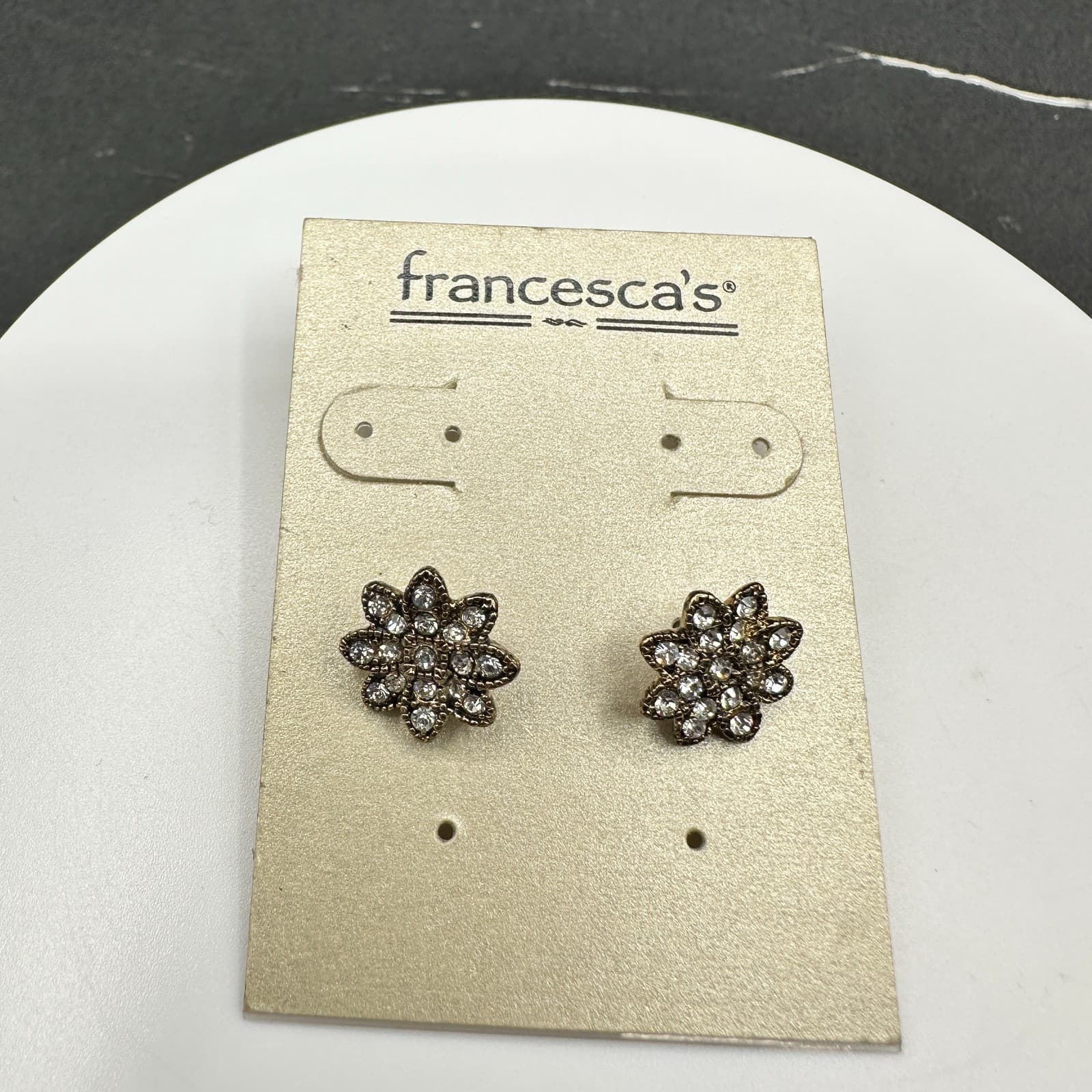 Vintage Francesca's Women's Flower Stud Earrings Clear Rhinestone Bronze Tone - Thumbnail 2