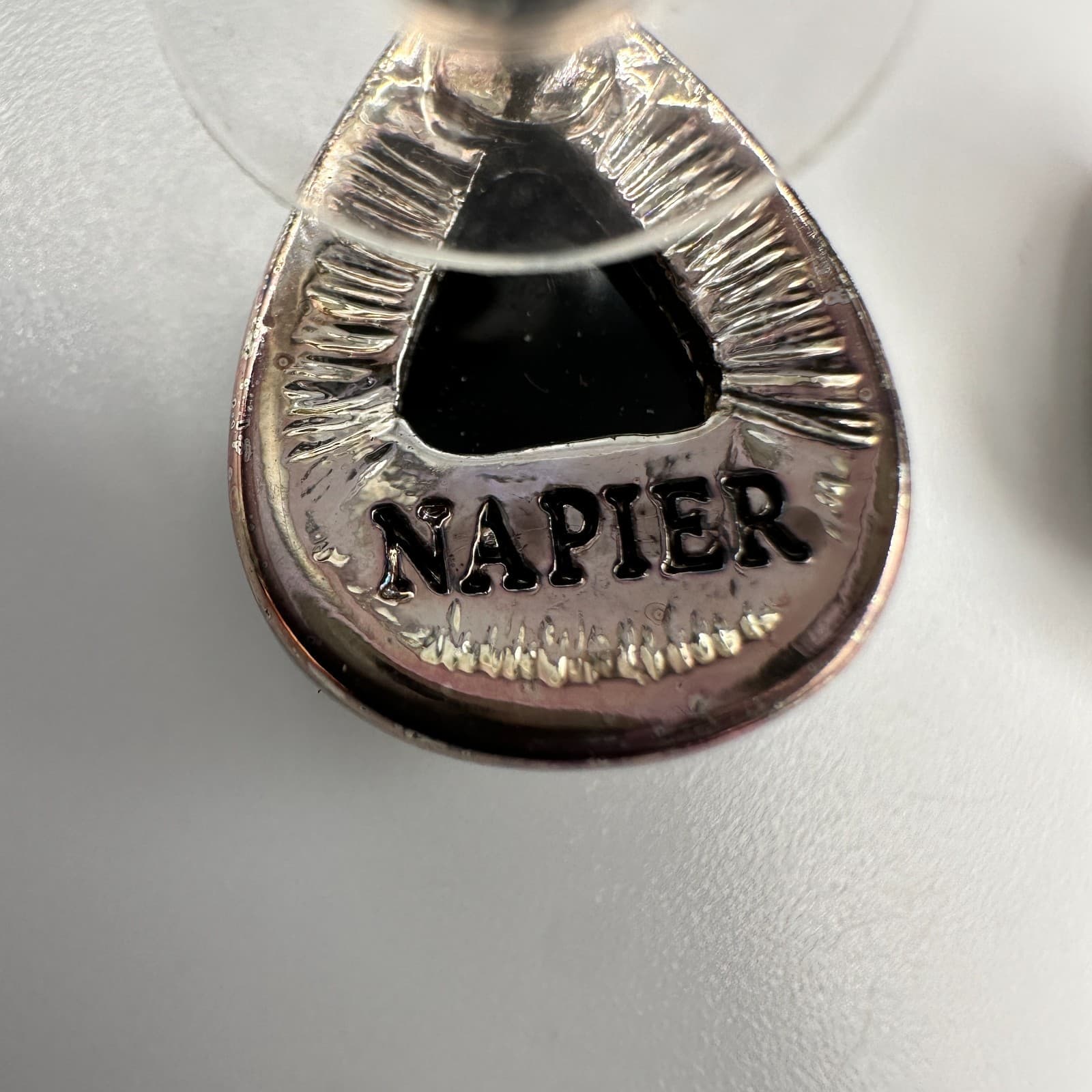 Vintage Napier Silver Tone Black Cabochon Teardrop Stud Earrings Post Modern - Thumbnail 6