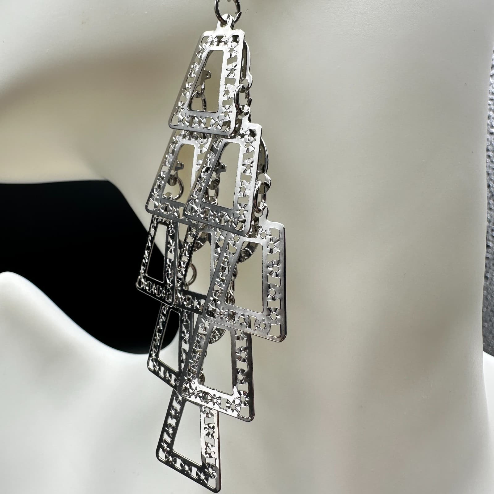 Vintage Silver-Tone Articulated Geometric Drop Earrings Trapezoids Y2K A Frames - Thumbnail 6