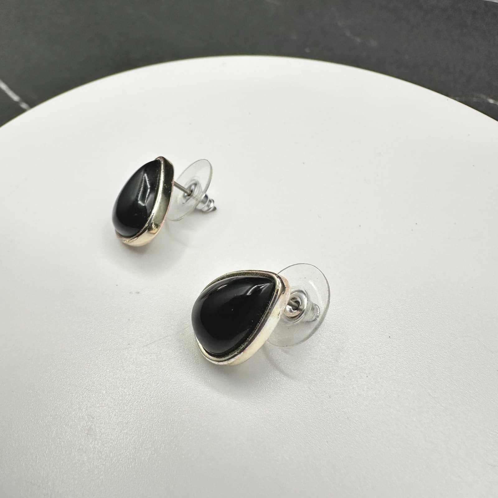 Vintage Napier Silver Tone Black Cabochon Teardrop Stud Earrings Post Modern - Thumbnail 4