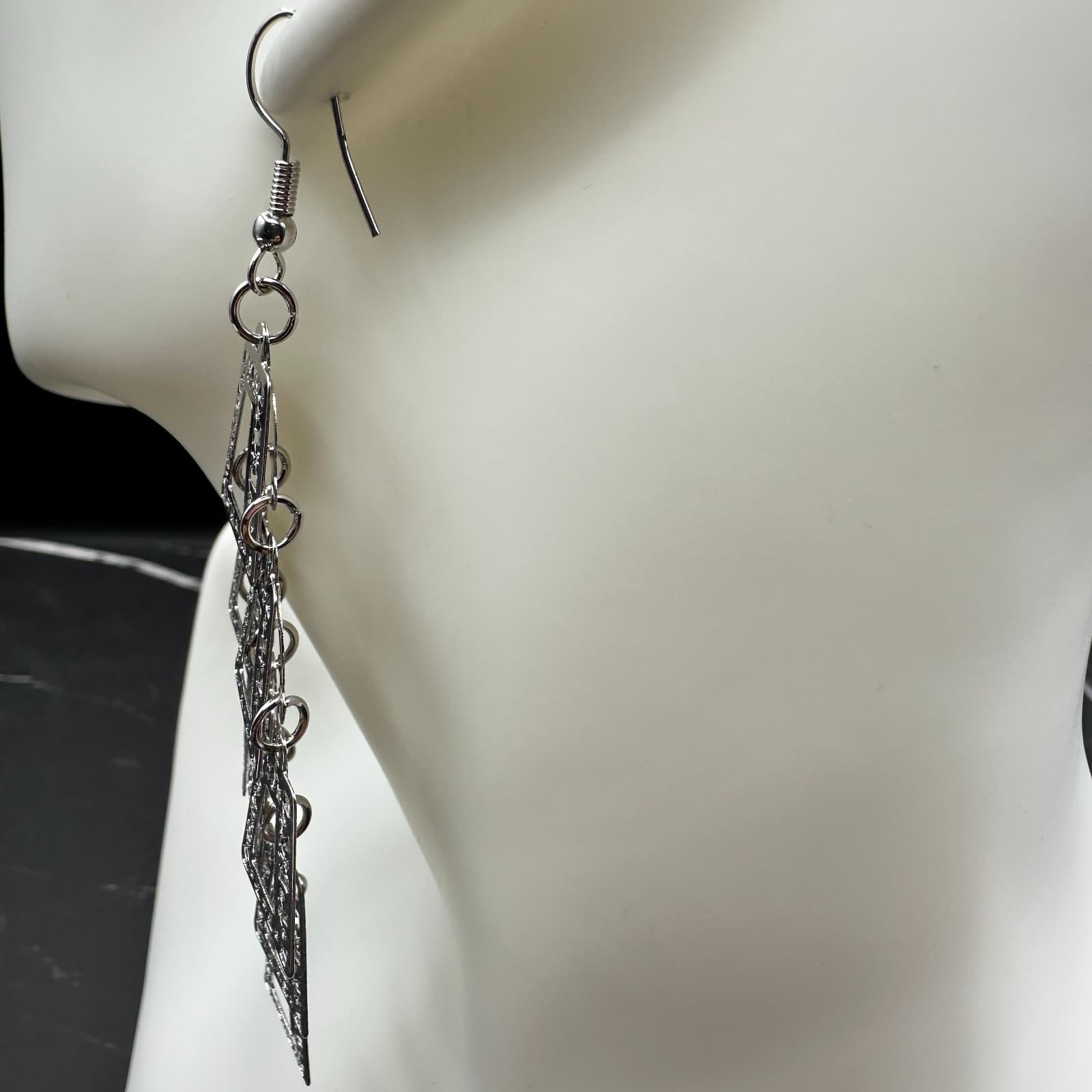 Vintage Silver-Tone Articulated Geometric Drop Earrings Trapezoids Y2K A Frames - Thumbnail 5