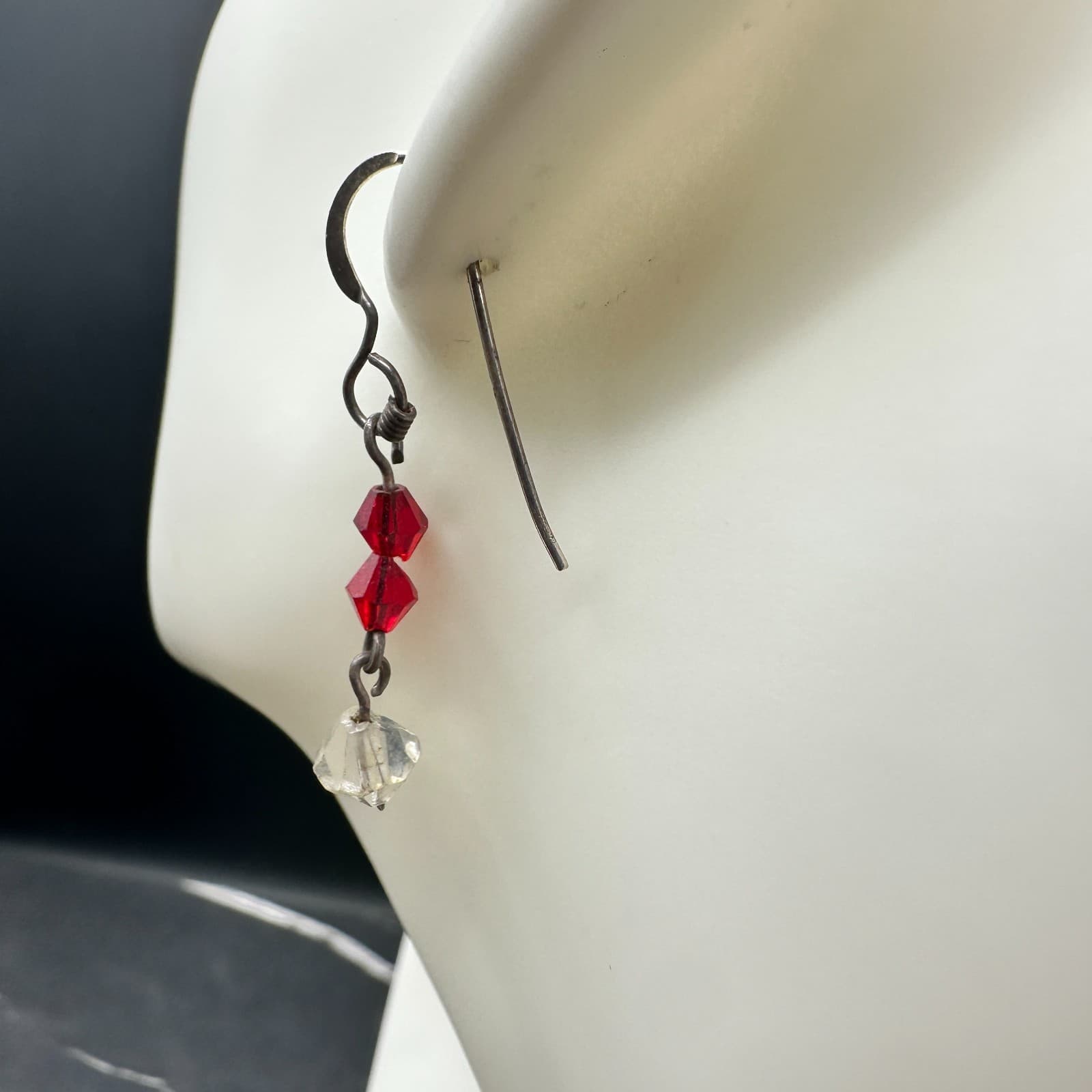 Vintage Red & White Clear Crystal Dangle Earrings Dark Tone Wire Hook - Thumbnail 6
