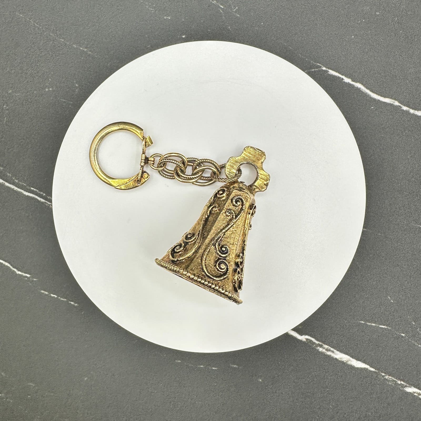 Vintage Brass Ornate Scrollwork Gold Tone Hexagon Design Bell Keychain - Thumbnail 9