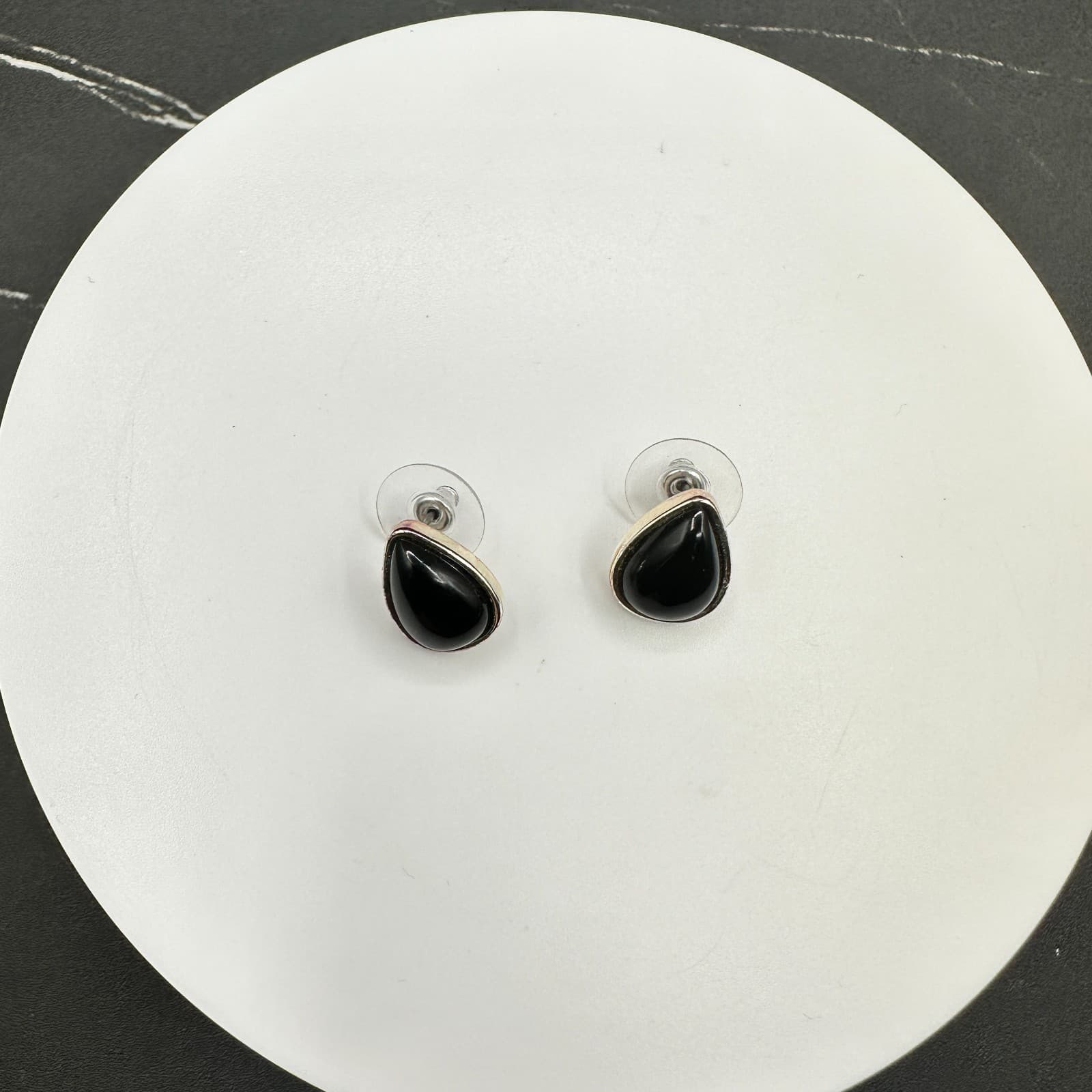 Vintage Napier Silver Tone Black Cabochon Teardrop Stud Earrings Post Modern - Thumbnail 2