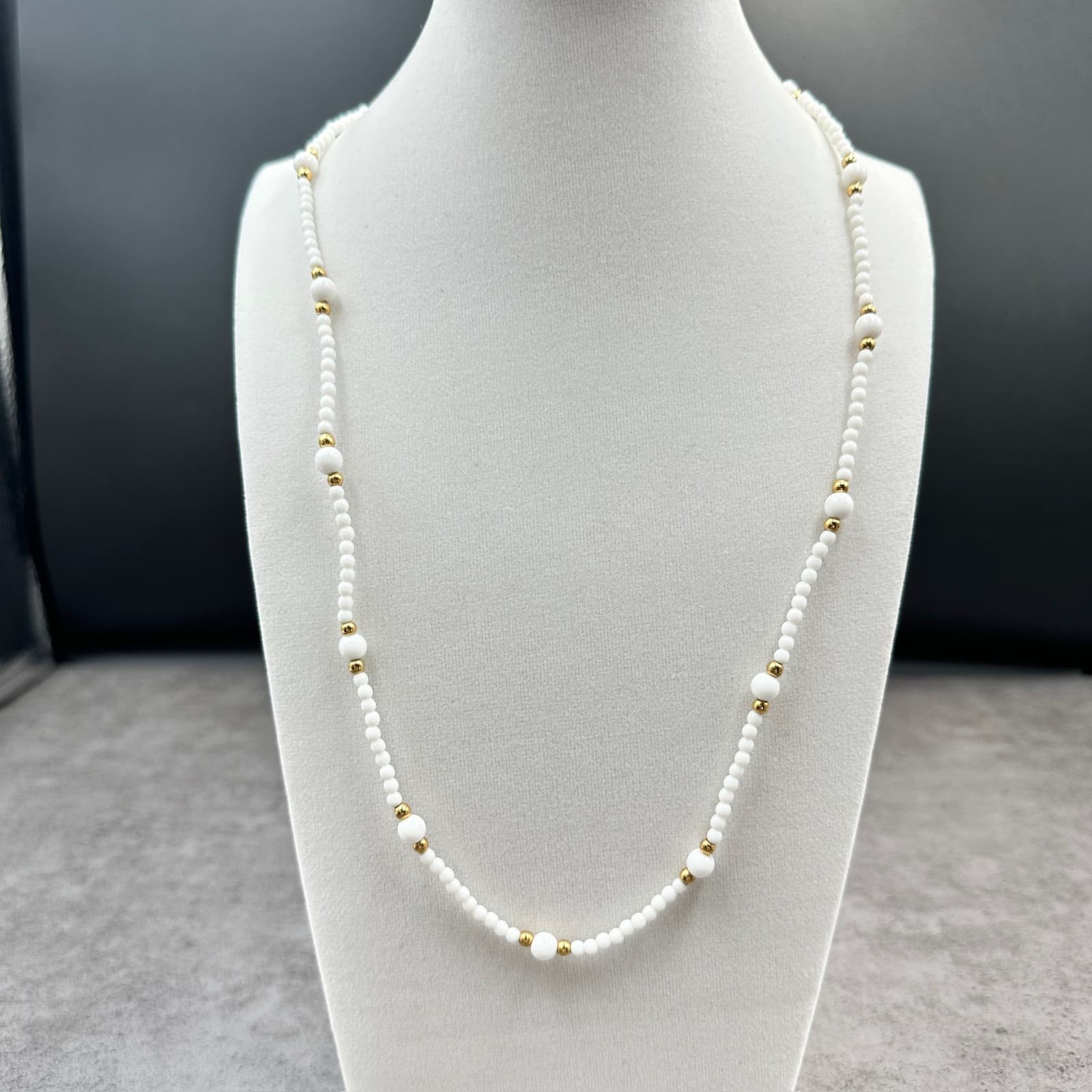 Napier Vintage White Seed Bead & Gold-Tone Accents Minimalist Layering Necklace - Thumbnail 2