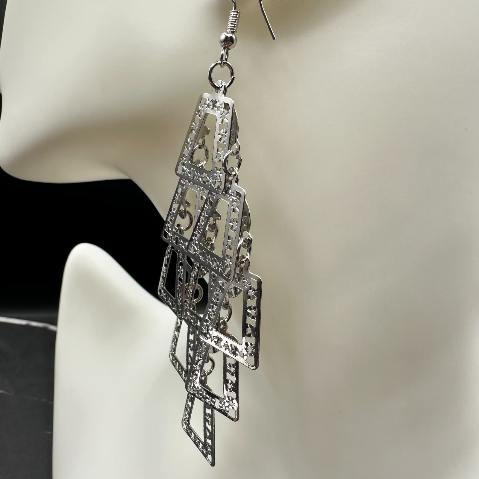 Vintage Silver-Tone Articulated Geometric Drop Earrings Trapezoids Y2K A Frames - Thumbnail 3
