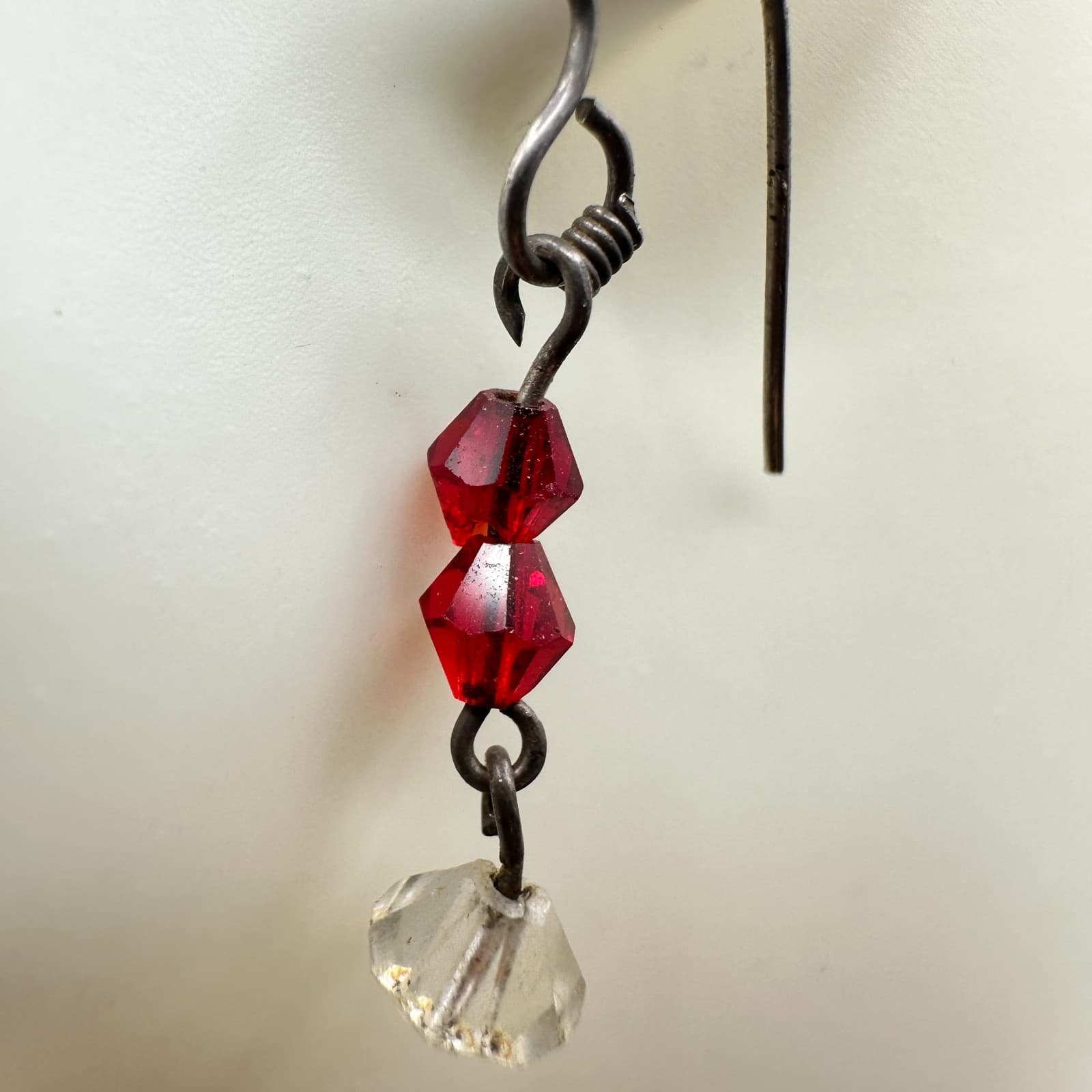 Vintage Red & White Clear Crystal Dangle Earrings Dark Tone Wire Hook - Thumbnail 4