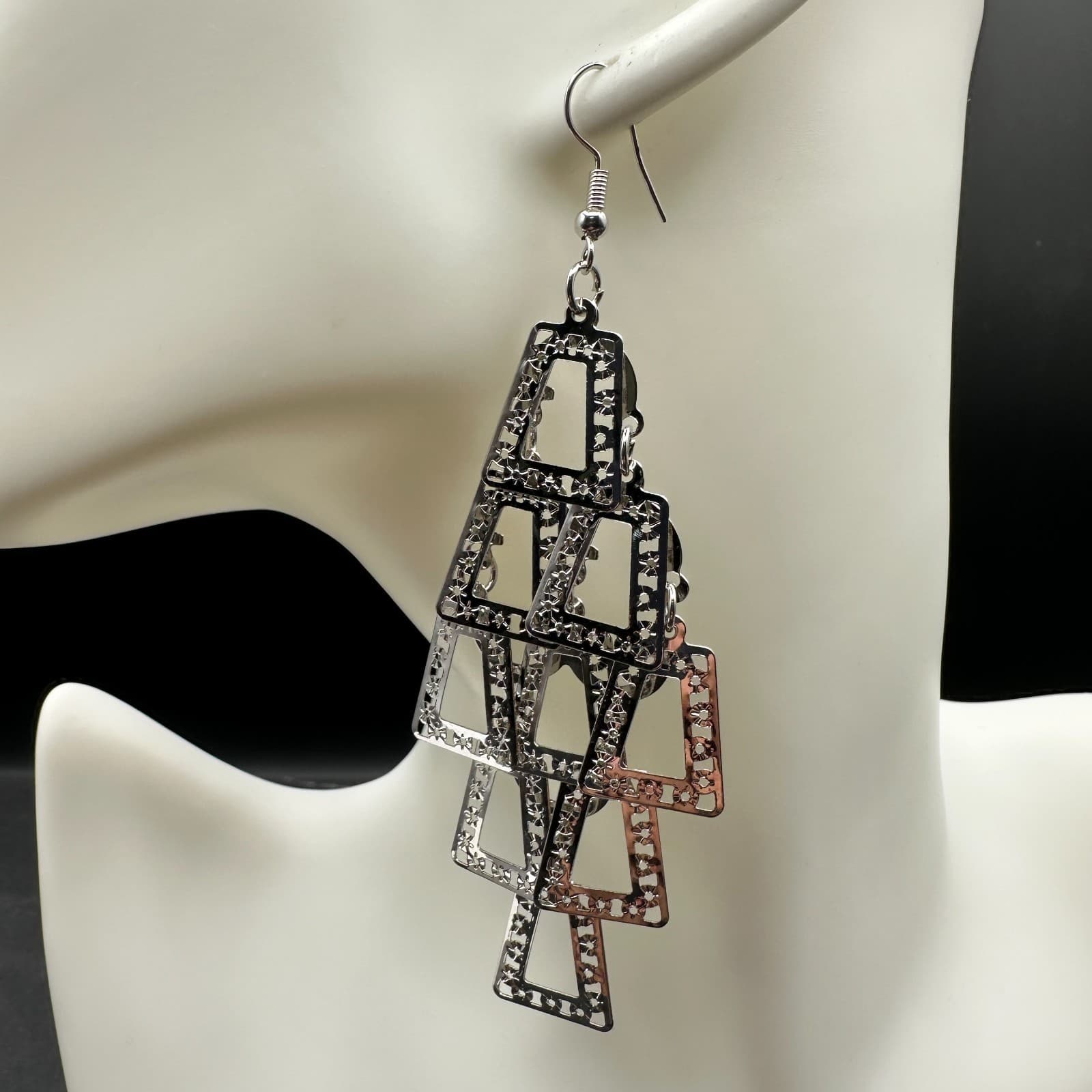 Vintage Silver-Tone Articulated Geometric Drop Earrings Trapezoids Y2K A Frames - Thumbnail 2