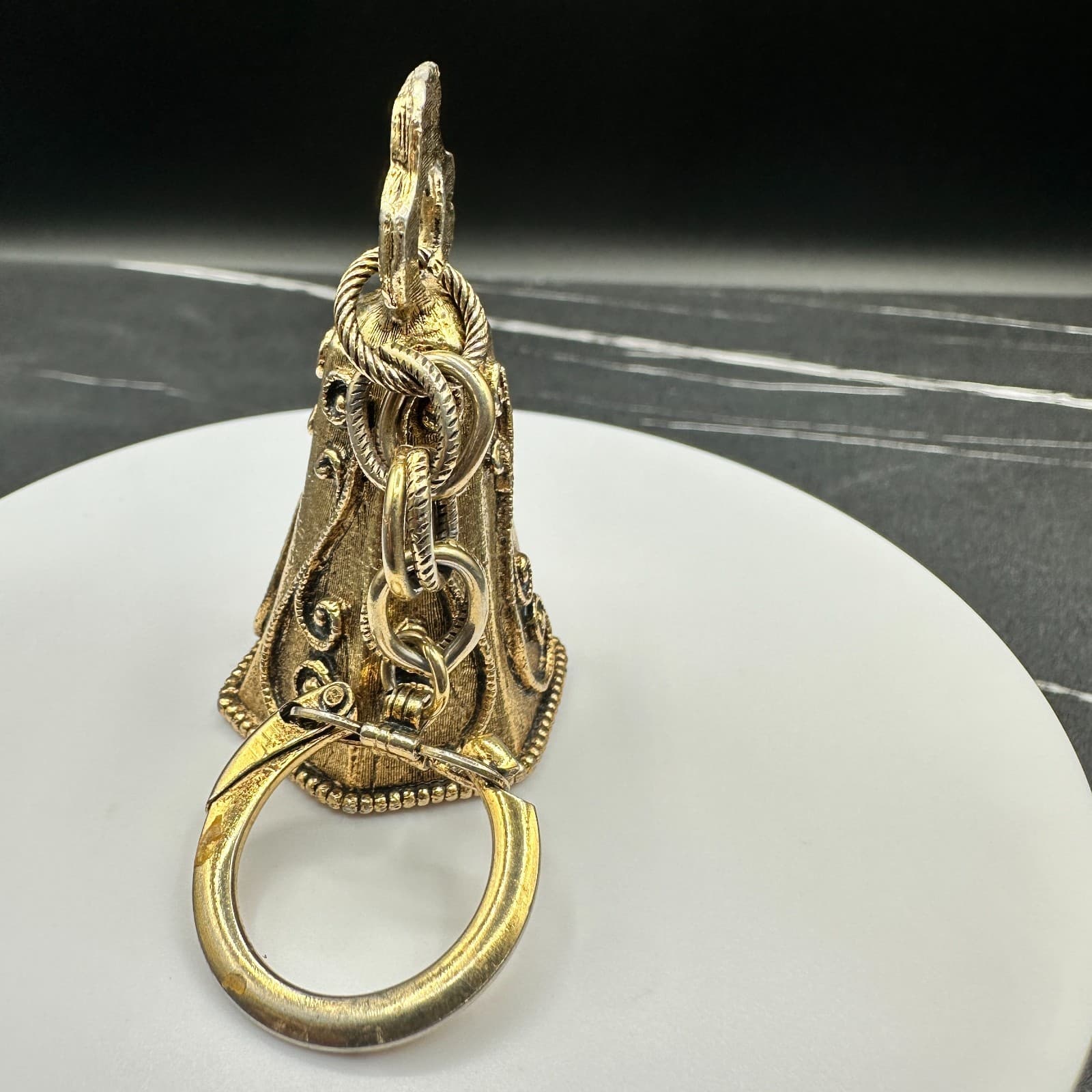 Vintage Brass Ornate Scrollwork Gold Tone Hexagon Design Bell Keychain - Thumbnail 4