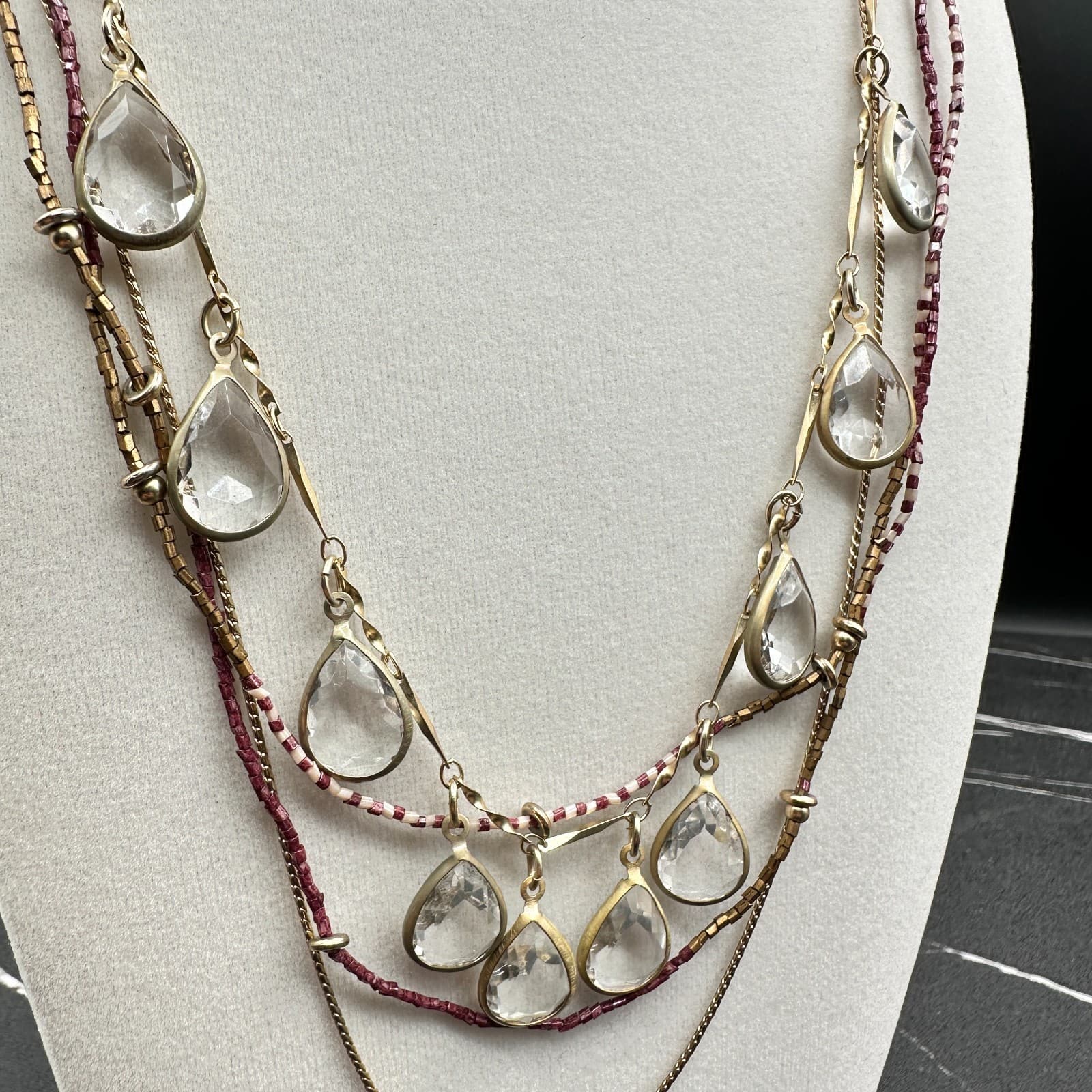 Vintage Gold-Tone Multi-Layered Necklace With Clear Teardrop Pendants & Red Bead - Thumbnail 3