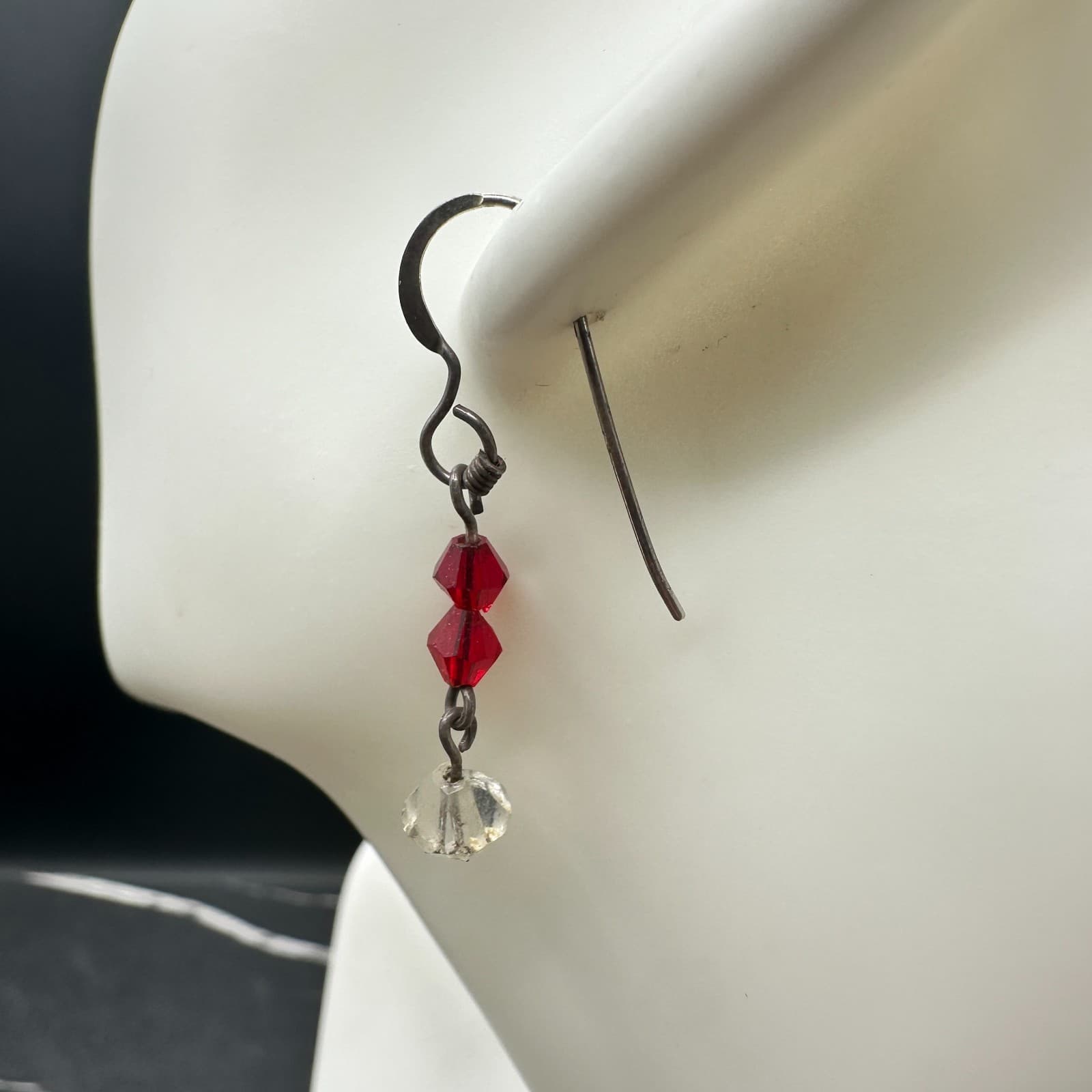 Vintage Red & White Clear Crystal Dangle Earrings Dark Tone Wire Hook - Thumbnail 5