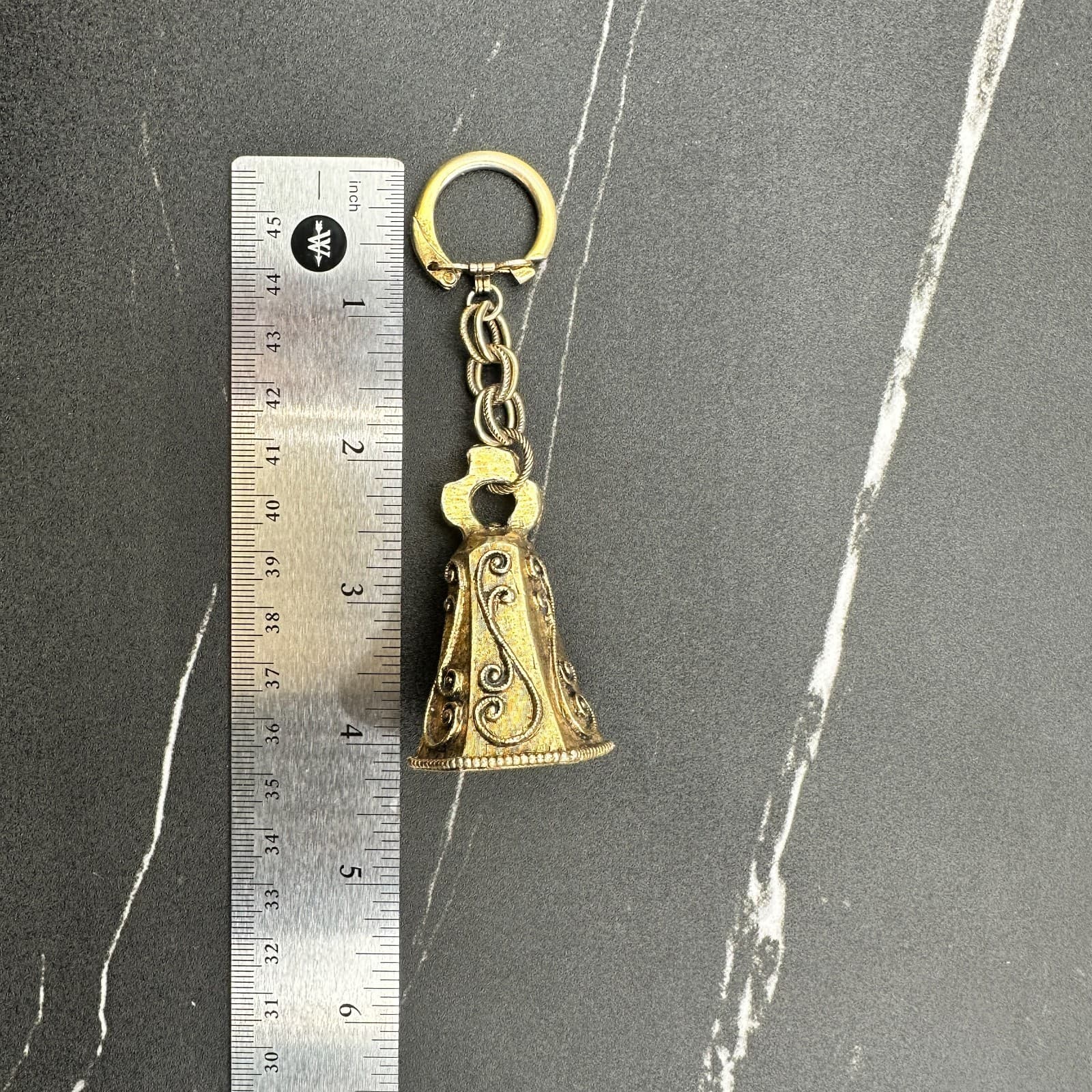 Vintage Brass Ornate Scrollwork Gold Tone Hexagon Design Bell Keychain - Thumbnail 2