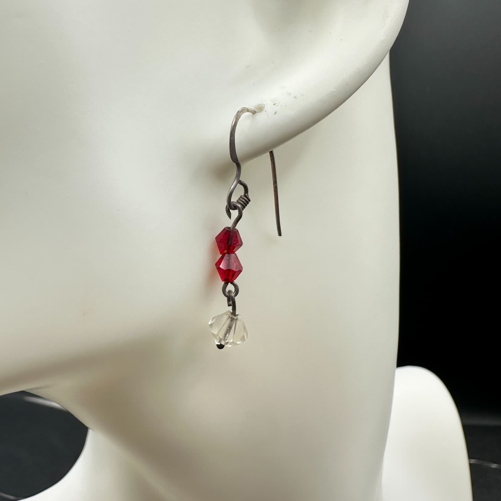 Vintage Red & White Clear Crystal Dangle Earrings Dark Tone Wire Hook - Thumbnail 2