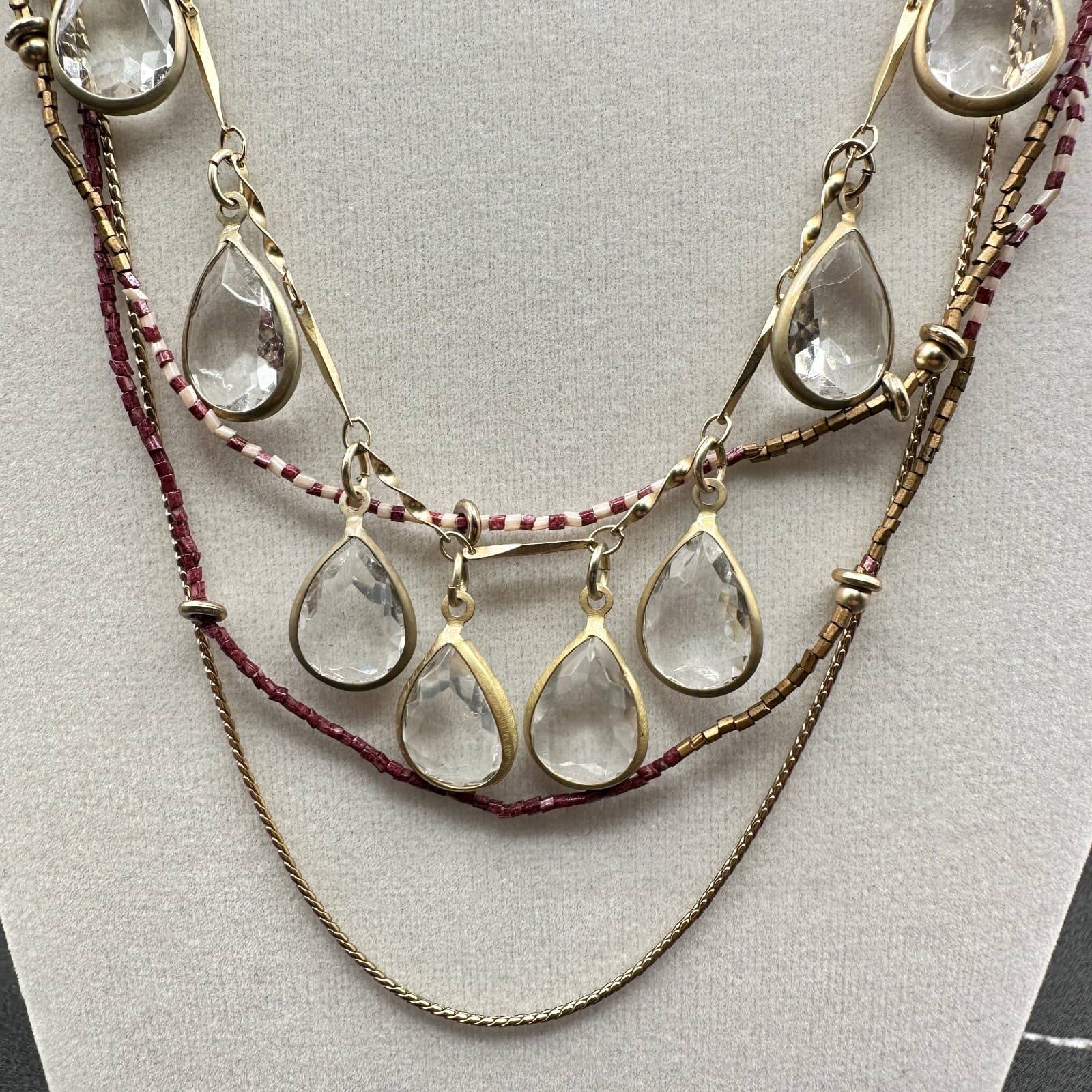 Vintage Gold-Tone Multi-Layered Necklace With Clear Teardrop Pendants & Red Bead - Thumbnail 2