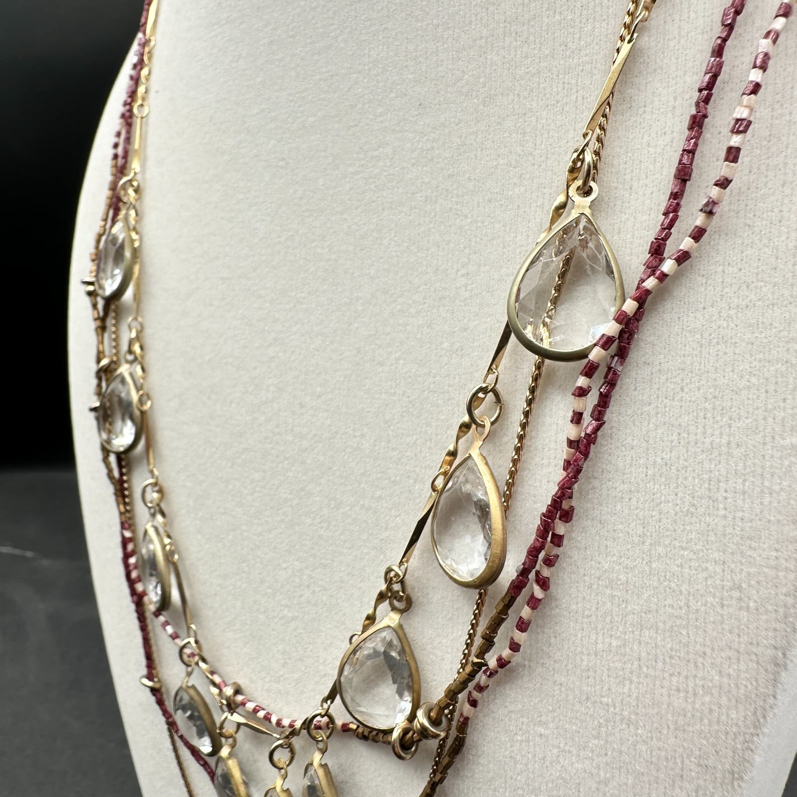 Vintage Gold-Tone Multi-Layered Necklace With Clear Teardrop Pendants & Red Bead - Thumbnail 4