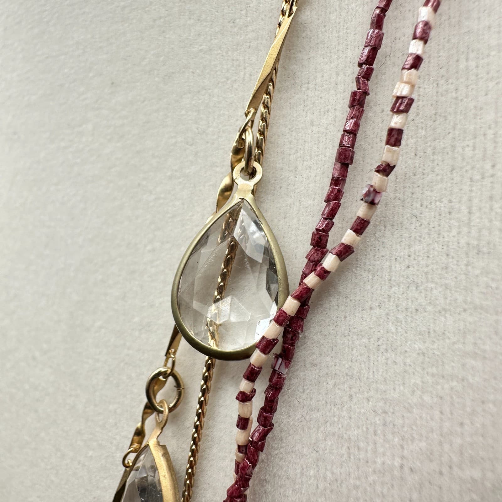 Vintage Gold-Tone Multi-Layered Necklace With Clear Teardrop Pendants & Red Bead - Thumbnail 5