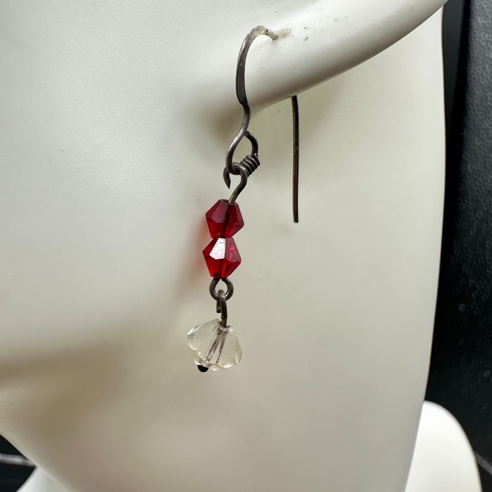 Vintage Red & White Clear Crystal Dangle Earrings Dark Tone Wire Hook - Thumbnail 3