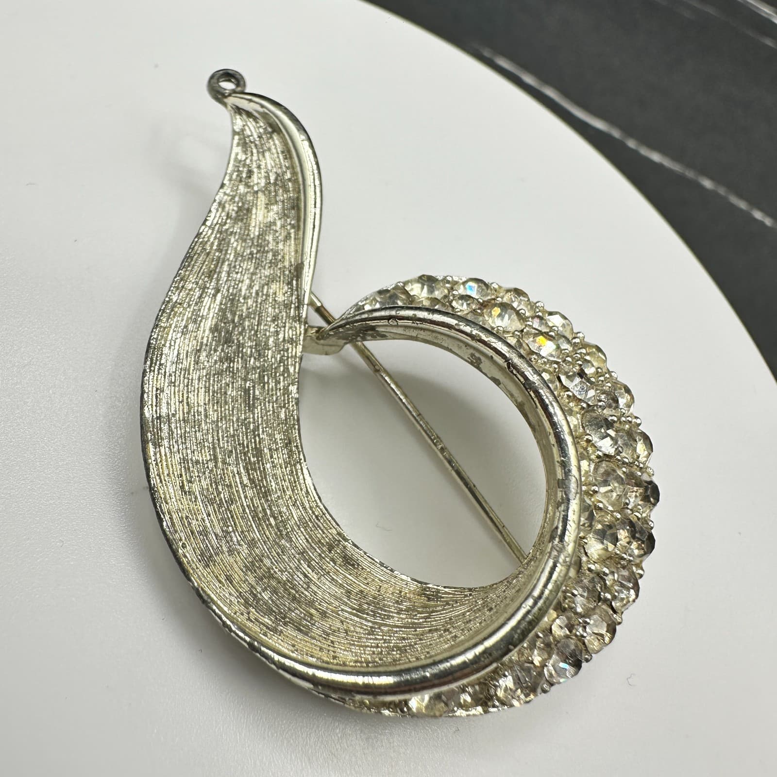 Vintage Lisner Abstract Brooch Pendant Silver Tone Pave Rhinestone Pin 2" - Thumbnail 5