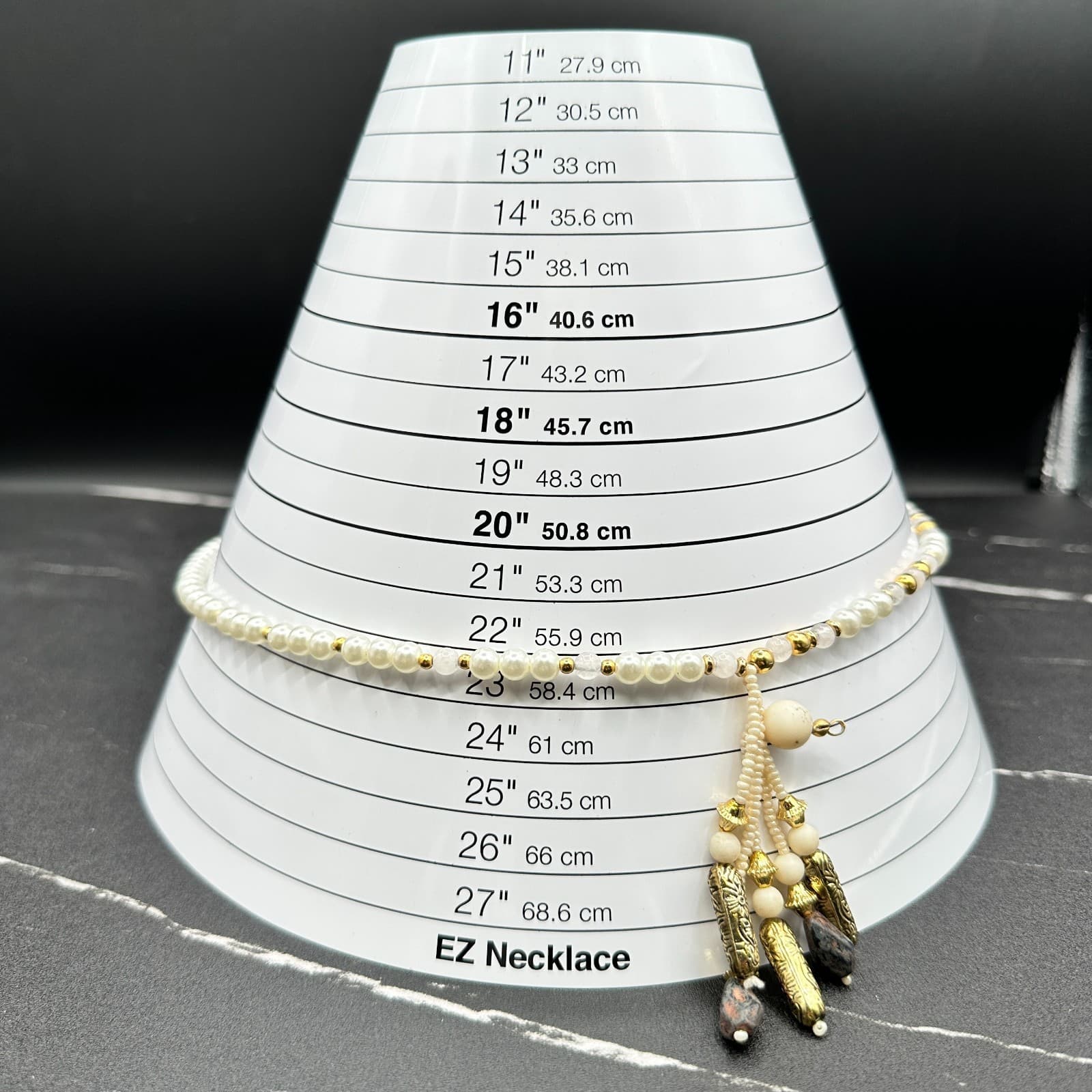 Vintage LR Faux Pearl Necklace White Quartz Gold Tone Tassel Pendant Boho - Thumbnail 12