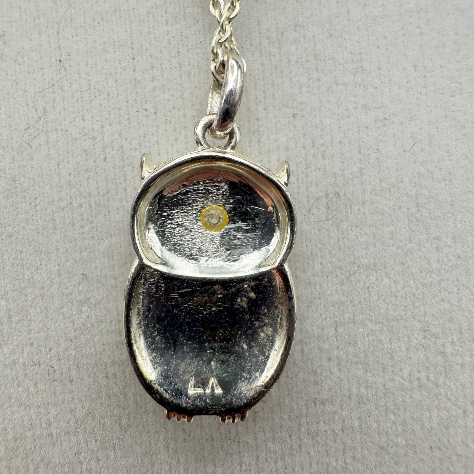 Vintage Silver Tone Owl Pendant Necklace Brown Clear Rhinestone Jewelry Y2K - Thumbnail 6
