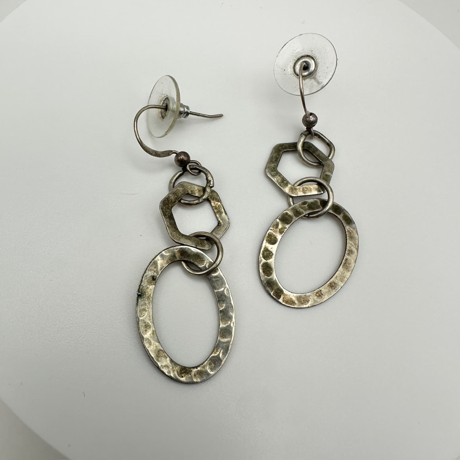 Vintage Y2K Geometric Dangle Earrings Silver Tone Hammered Link Women's Jewelry - Thumbnail 6