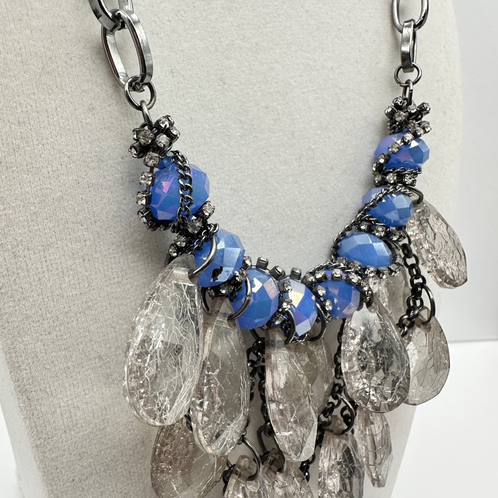 Vintage 90s Blue Iridescent Bead Statement Necklace Clear Acrylic Dangle Jewelry - Thumbnail 3