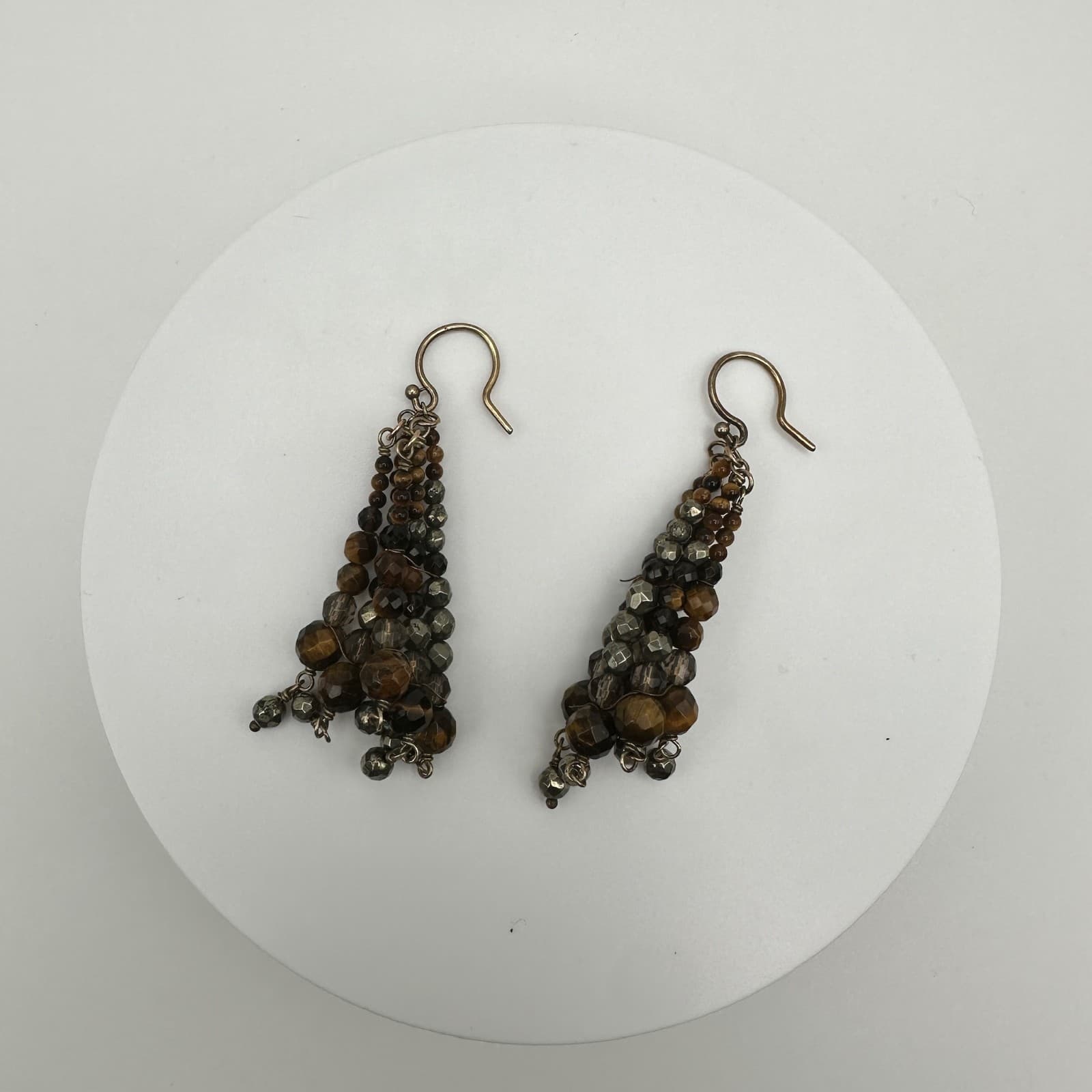 Vintage 90s Beaded Cluster Dangle Earrings Brown Gold-Tone Boho Drop Hook - Thumbnail 4